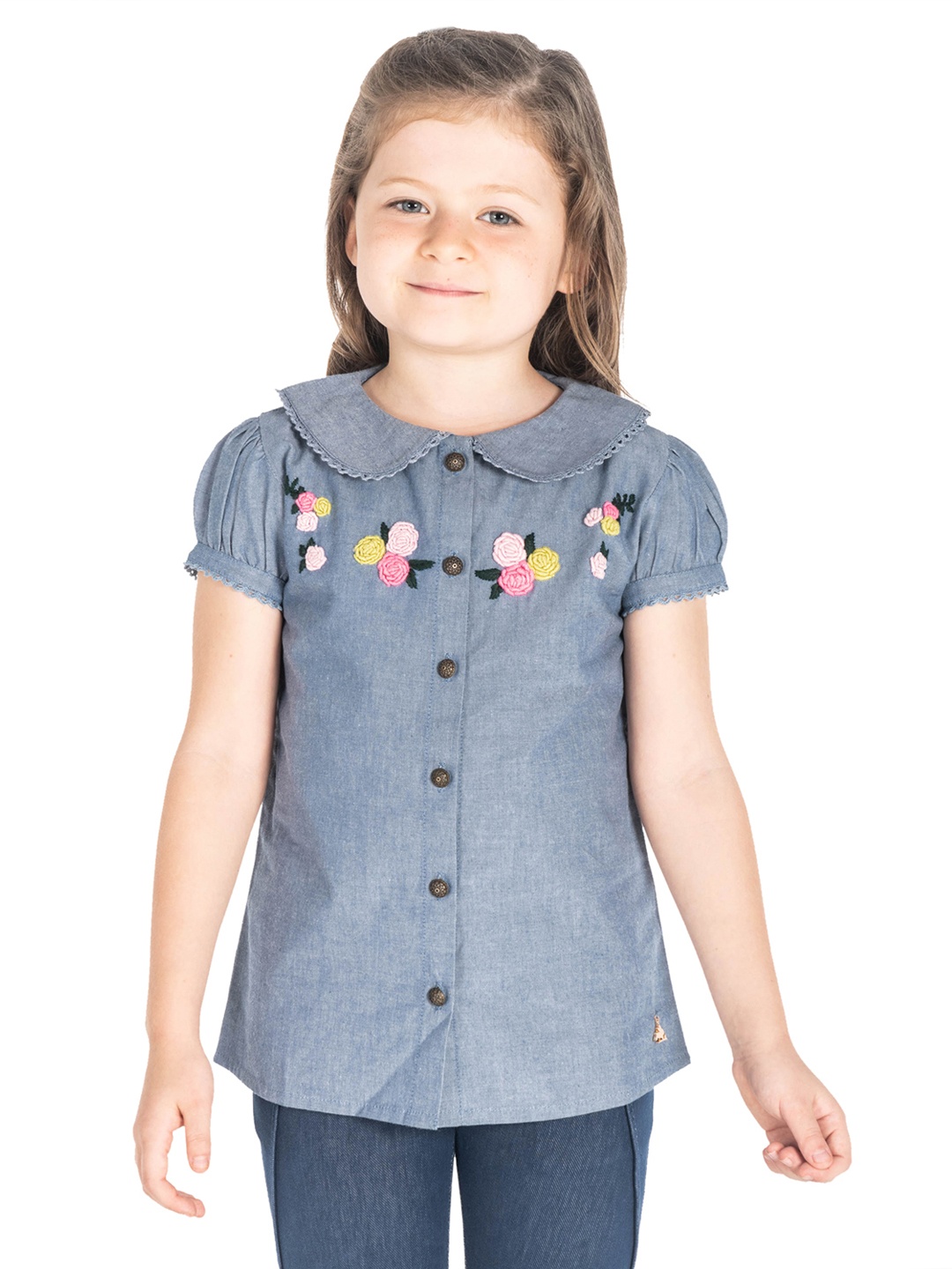 

Cherry Crumble Girls Blue Embroidered Shirt Style Pure Cotton Top