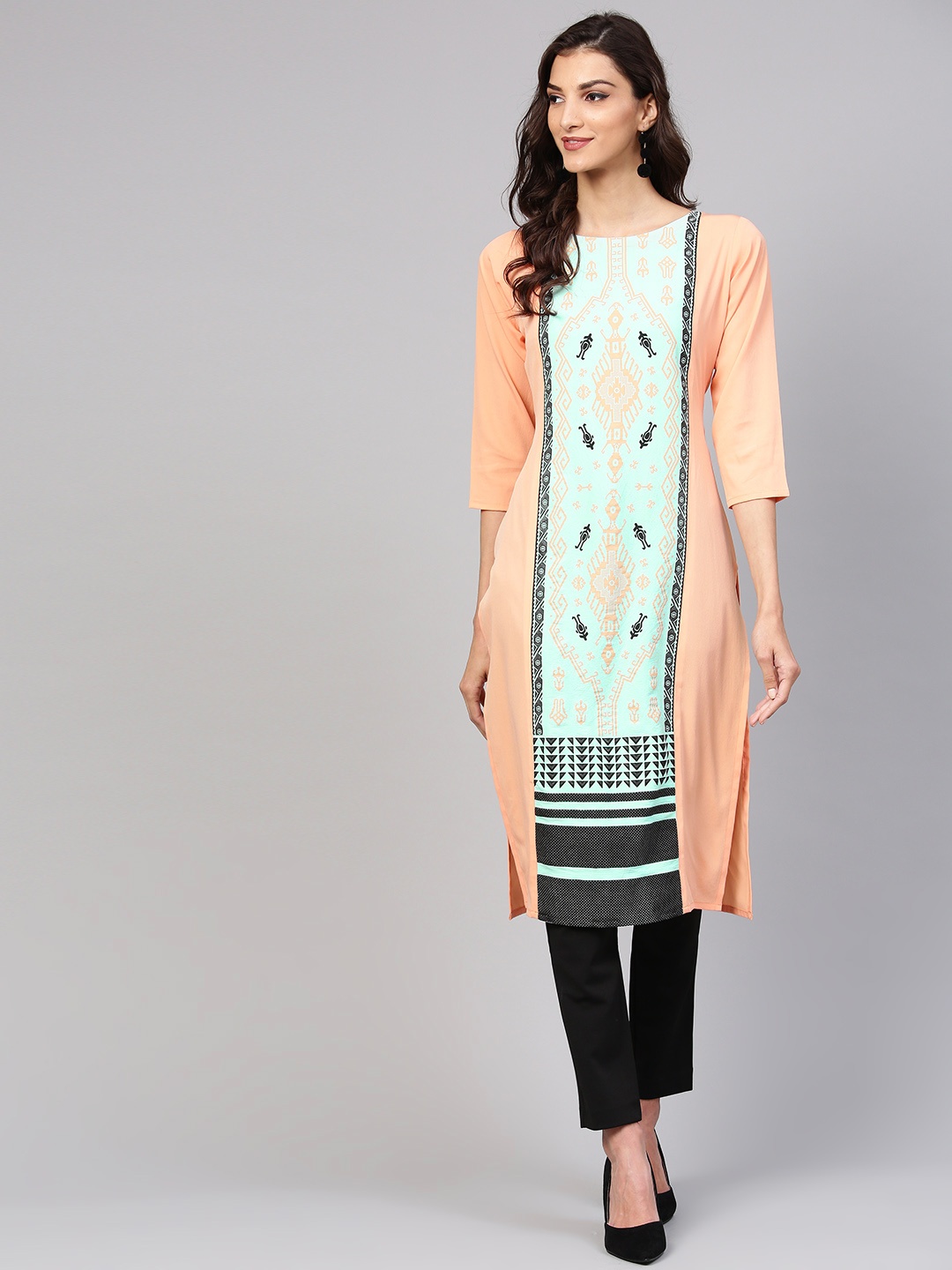 

Trend Factory Women Peach-Coloured & Blue Printed Straight Kurta