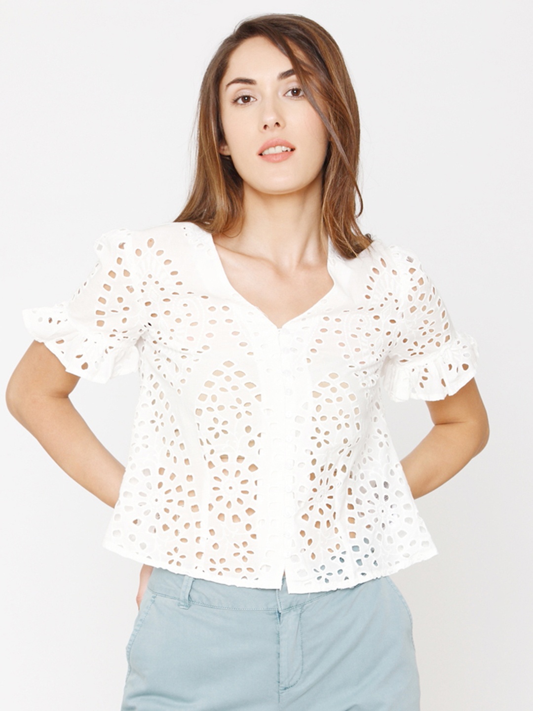 

Vero Moda Women White Self Design Shirt Style Pure Cotton Top