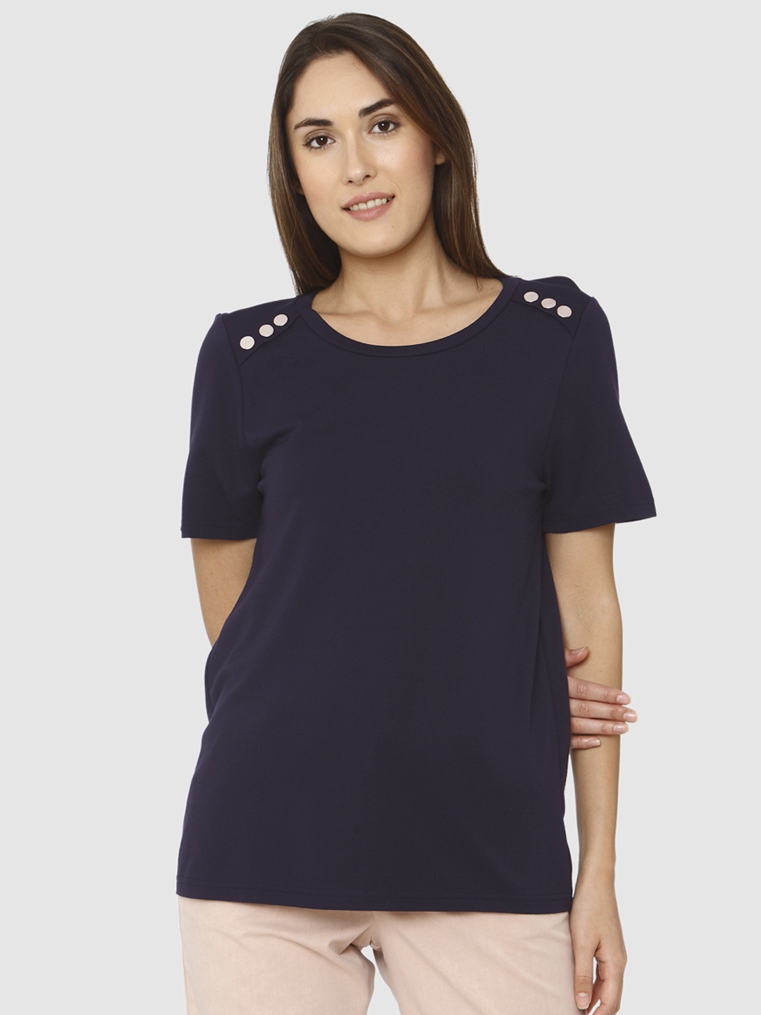 

Vero Moda Women Navy Solid Round Neck T-shirt, Navy blue