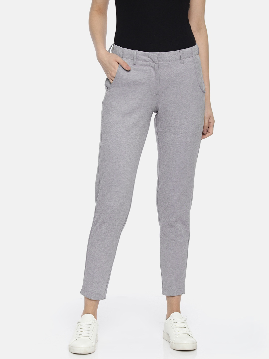 

Vero Moda Women Grey Melange Slim Fit Solid Regular Cropped Trousers