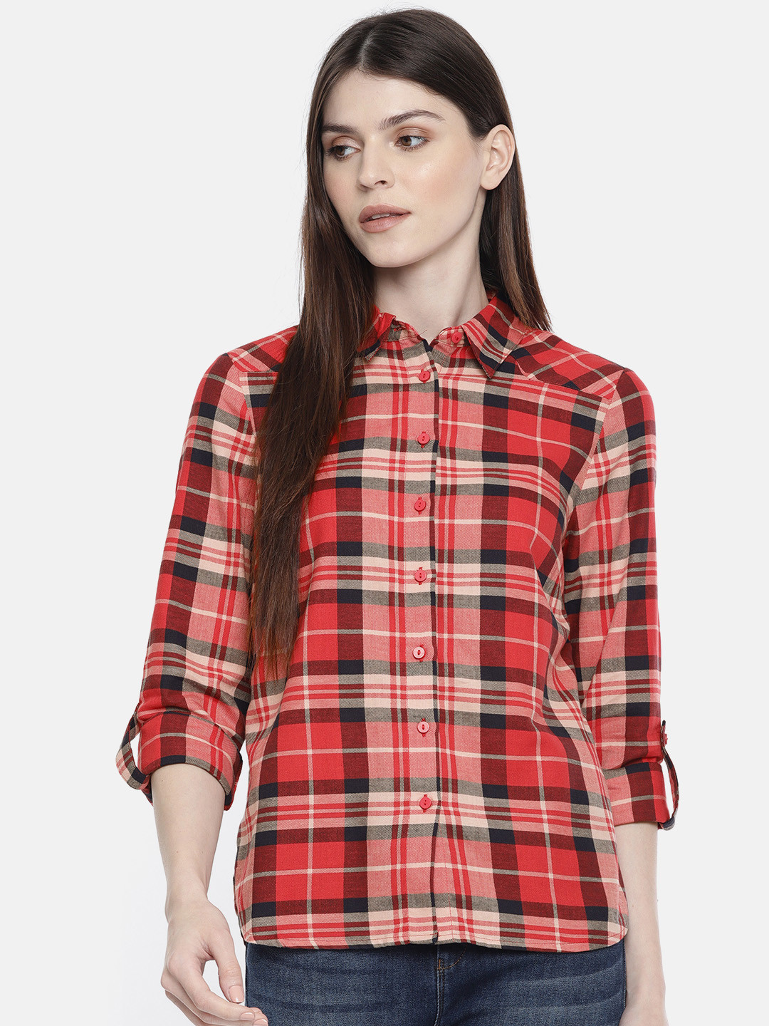 

Vero Moda Women Red & Navy Blue Regular Fit Checked Casual Shirt