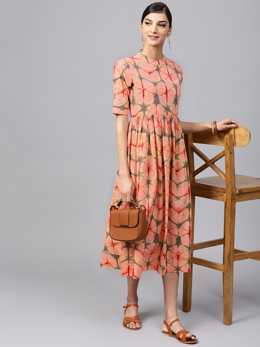 

Indo Era Women Coral Orange Printed Midi A-Line Dress