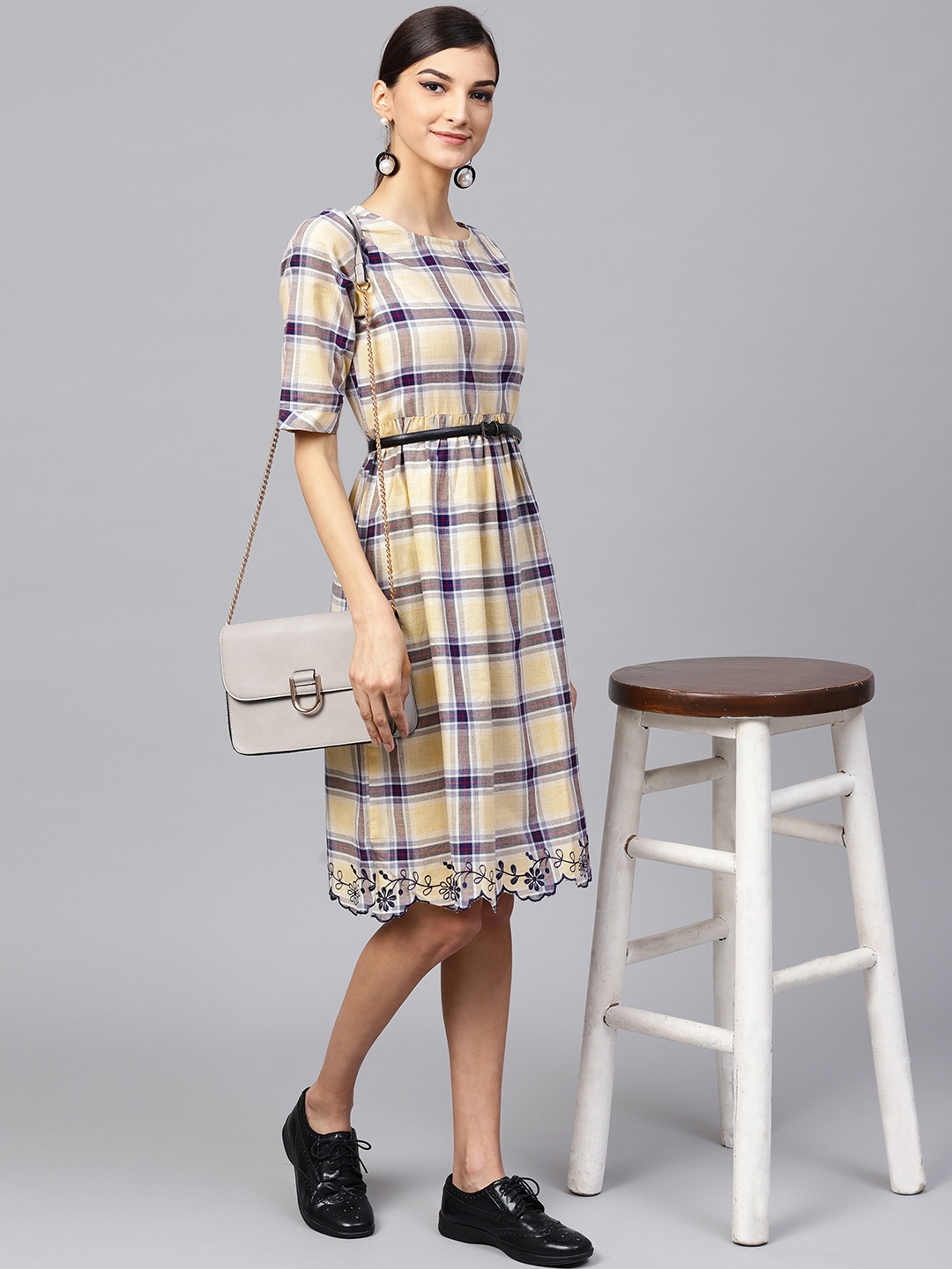 

Indo Era Women Beige & Navy Checked A-Line Dress