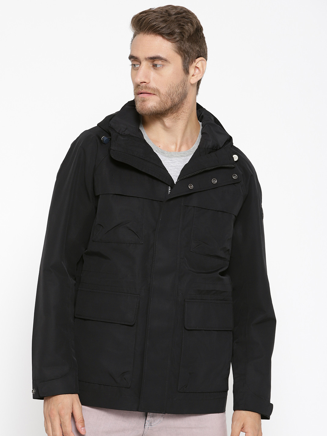 

Timberland Men Black Solid AF DV Ragged Hooded Sporty Jacket