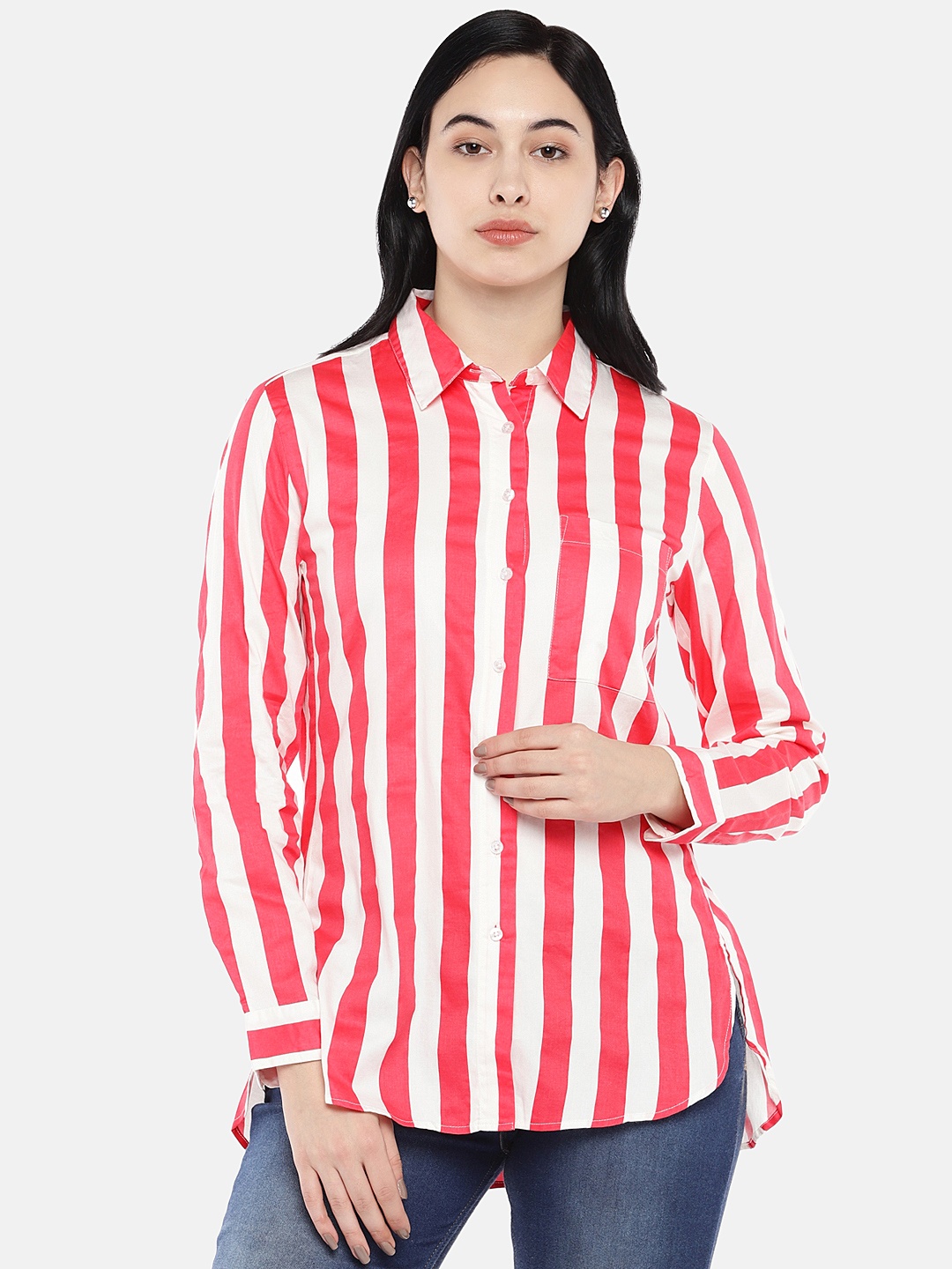 

Pepe Jeans Women Coral Pink & White Regular Fit Striped Casual Shirt