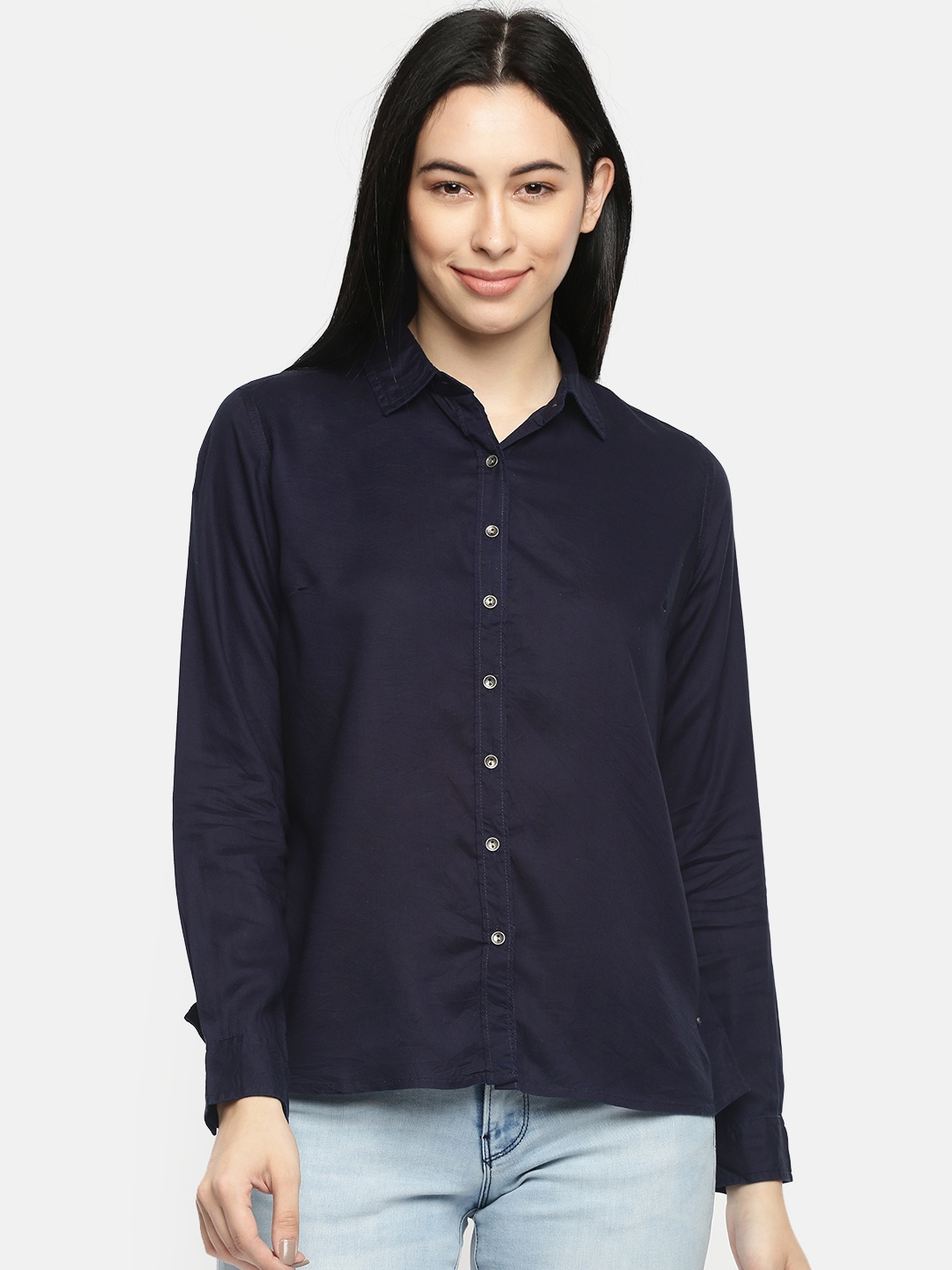 

Pepe Jeans Women Navy Blue Regular Fit Solid Casual Shirt