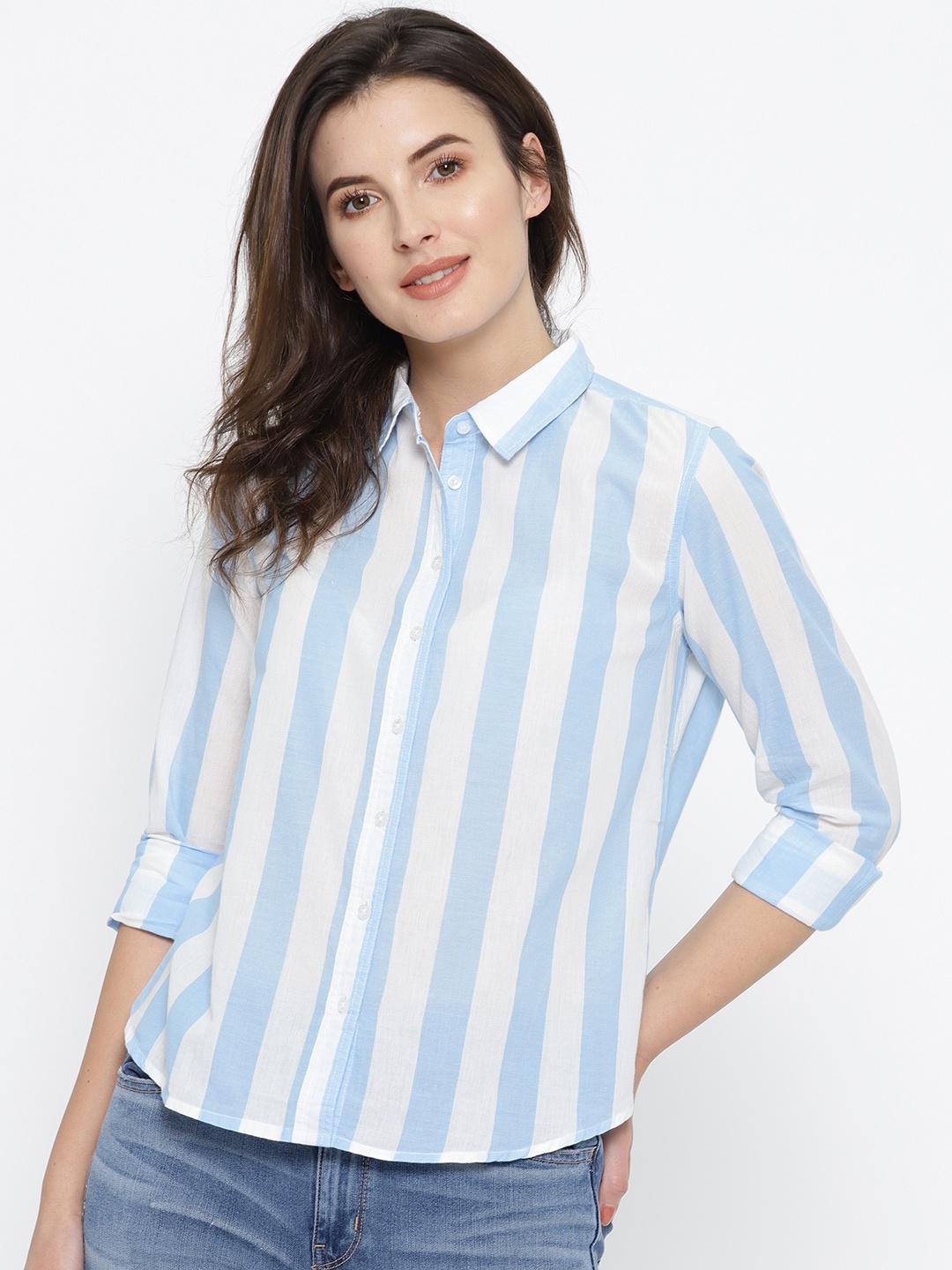 

Pepe Jeans Women Blue & White Regular Fit Striped Casual Shirt