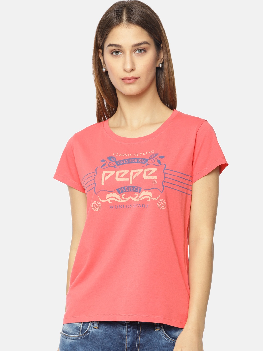 Pepe Jeans Women Coral Pink Printed Round Neck Pure Cotton T-shirt