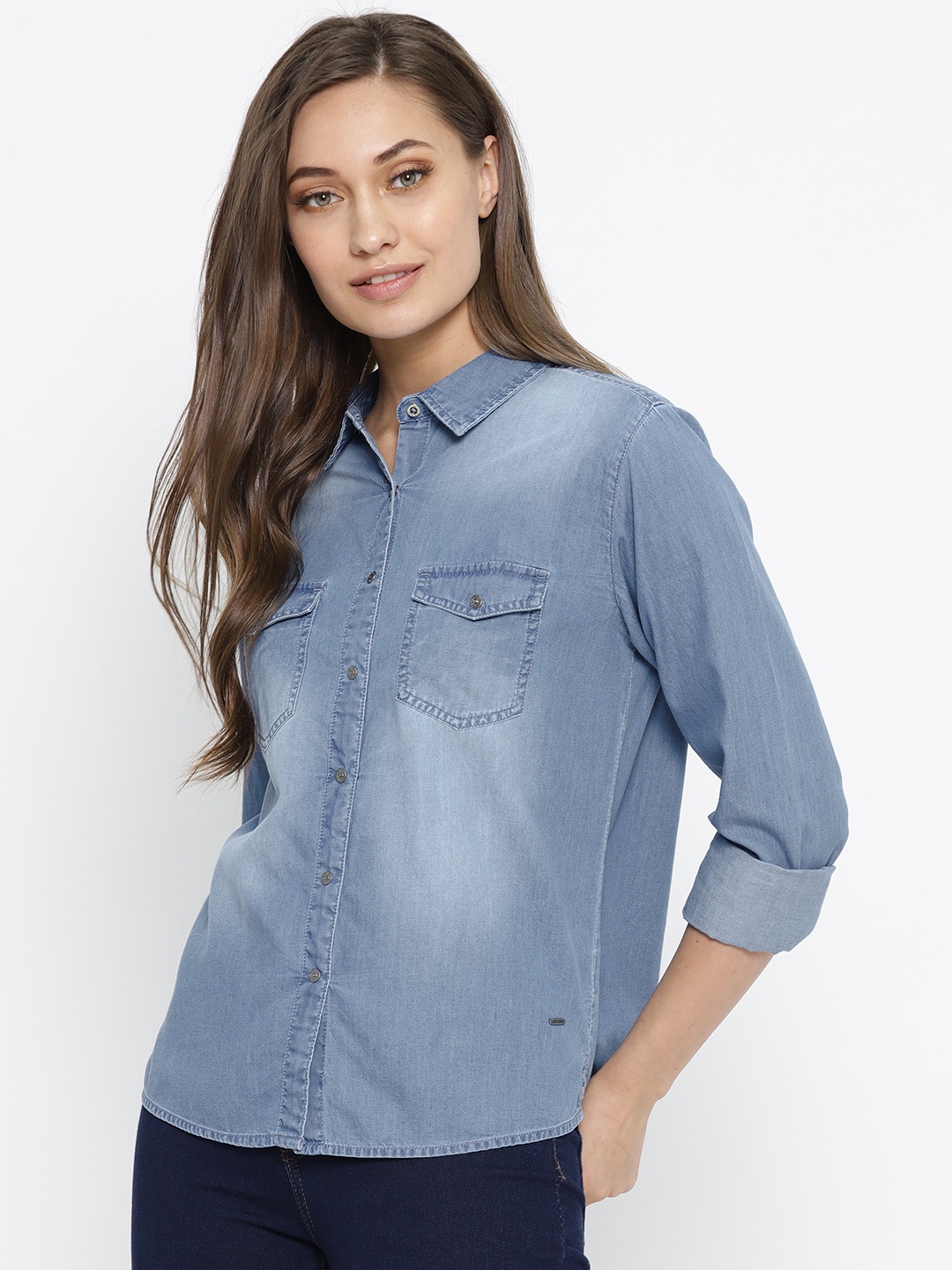 

Pepe Jeans Women Blue Regular Fit Faded Denim Casual Shirt