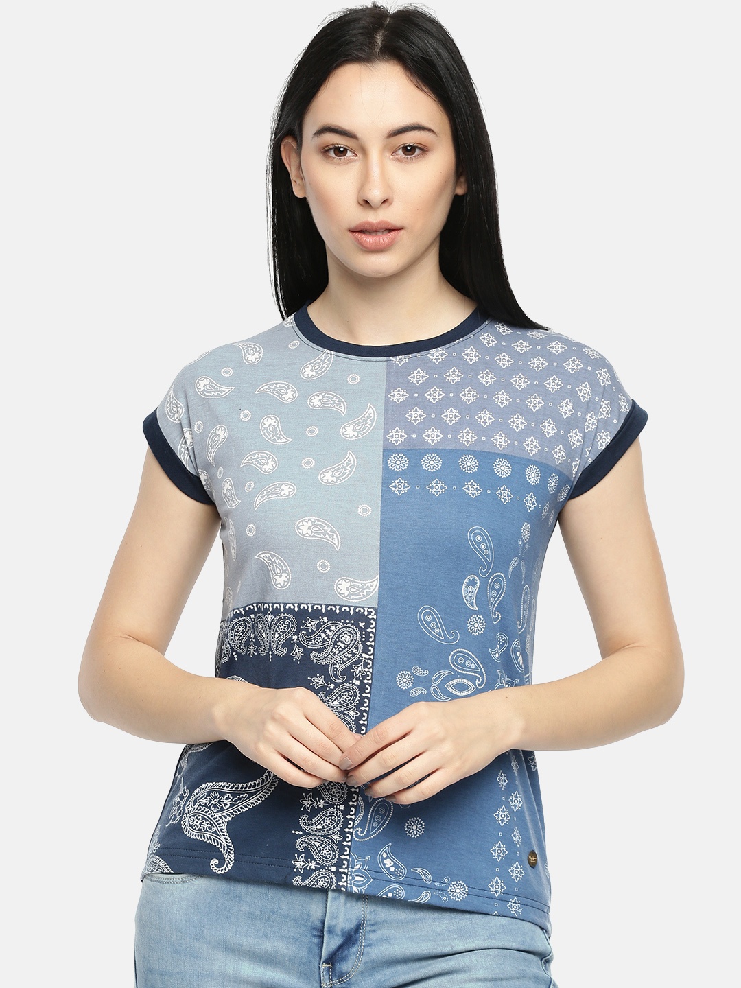 

Pepe Jeans Women Blue Ethnic Printed Round Neck T-shirt