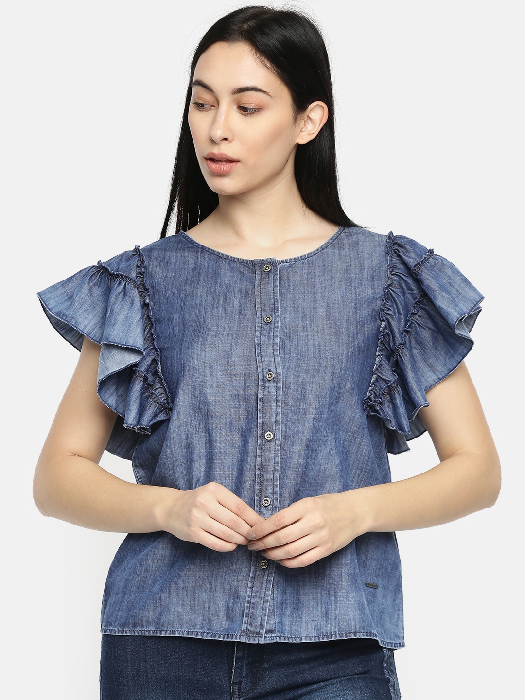 

Pepe Jeans Women Navy Blue Solid Chambray Shirt Style Top
