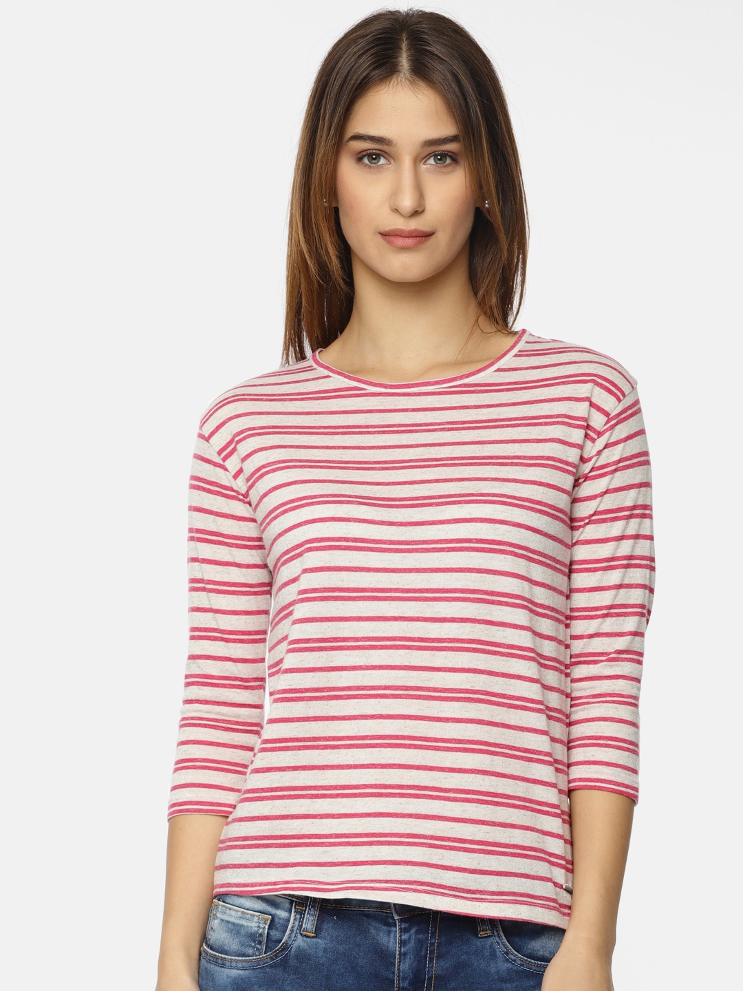 

Pepe Jeans Women Off-White Pink Striped Round Neck Pure Cotton T-shirt