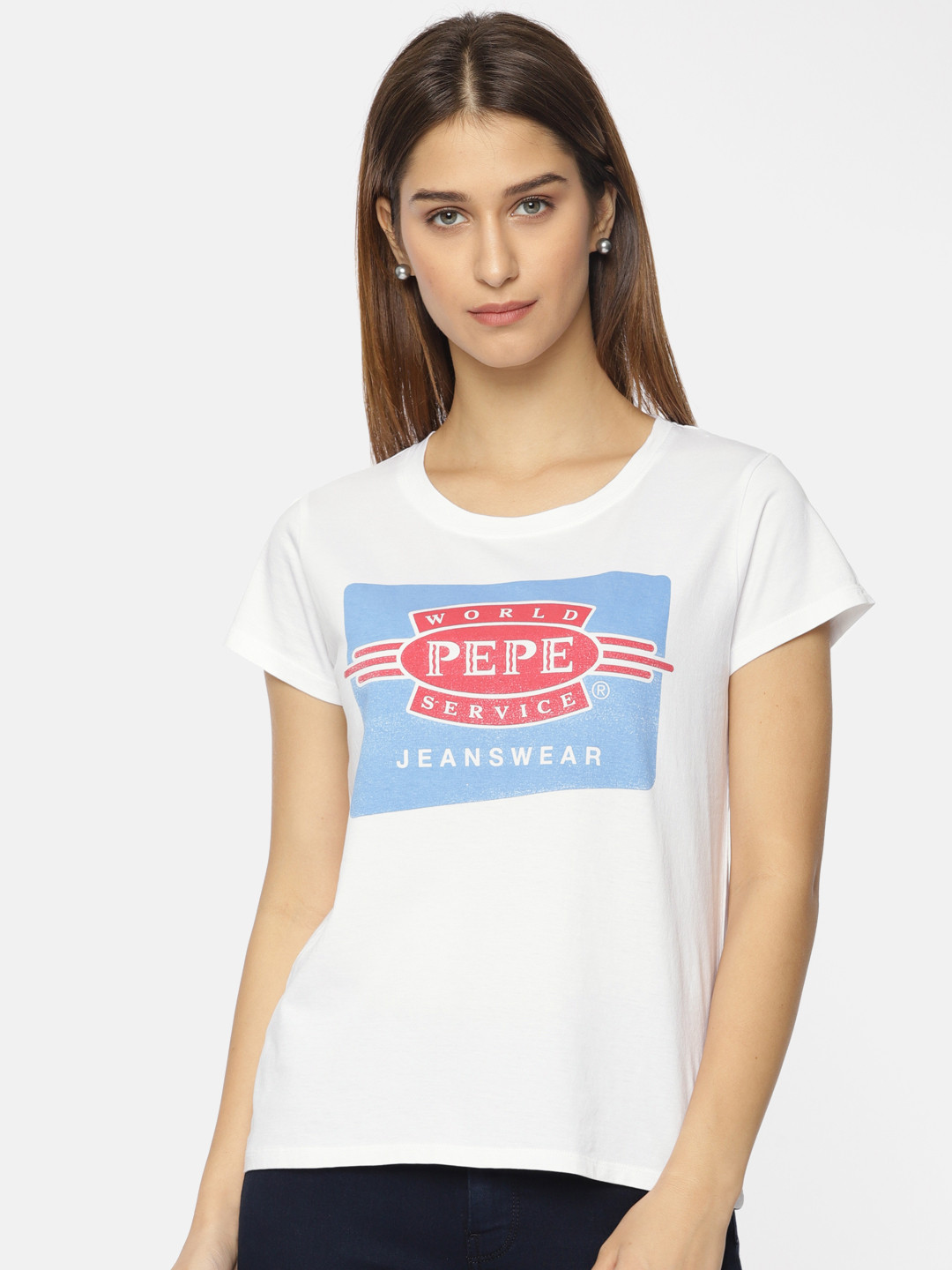 

Pepe Jeans Women White Printed Round Neck Pure Cotton T-shirt
