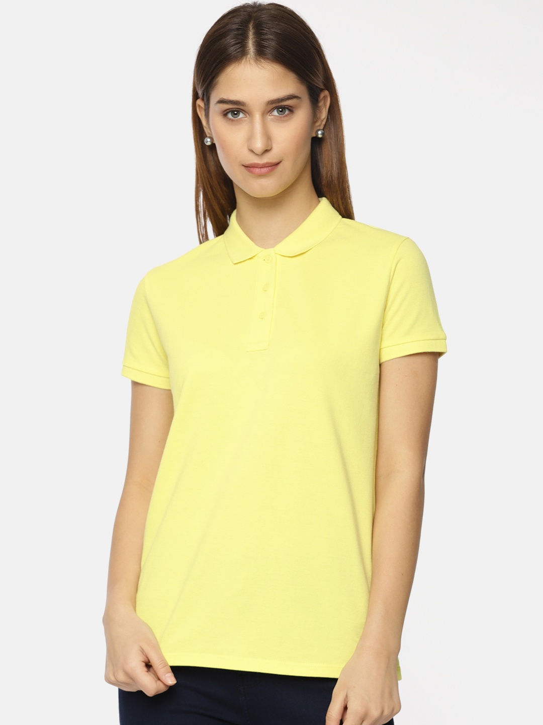 

Pepe Jeans Women Yellow Solid Polo Collar Pure Cotton T-shirt