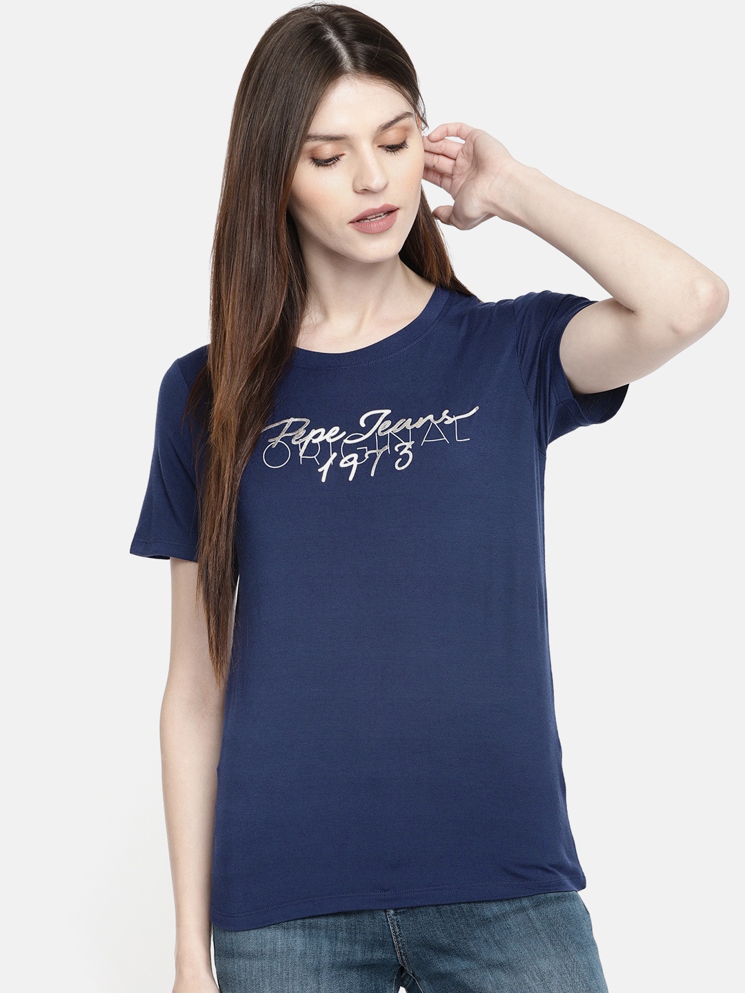 

Pepe Jeans Women Navy Printed Round Neck T-shirt, Navy blue