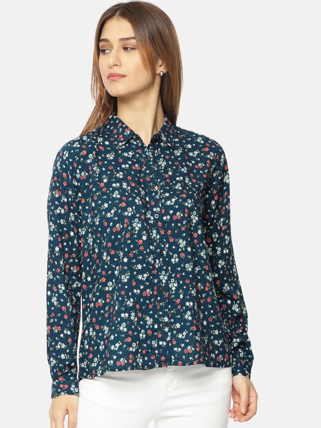 

Pepe Jeans Women Teal Regular Fit Printed Casual Shirt