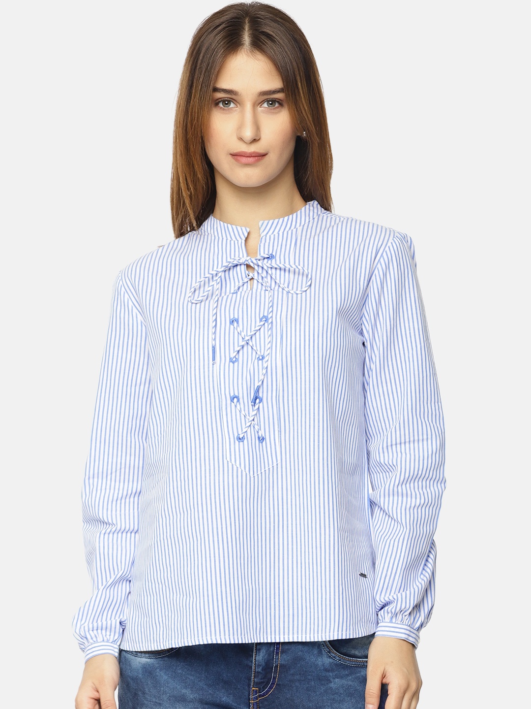 

Pepe Jeans Women Blue Striped Shirt Style Pure Cotton Top