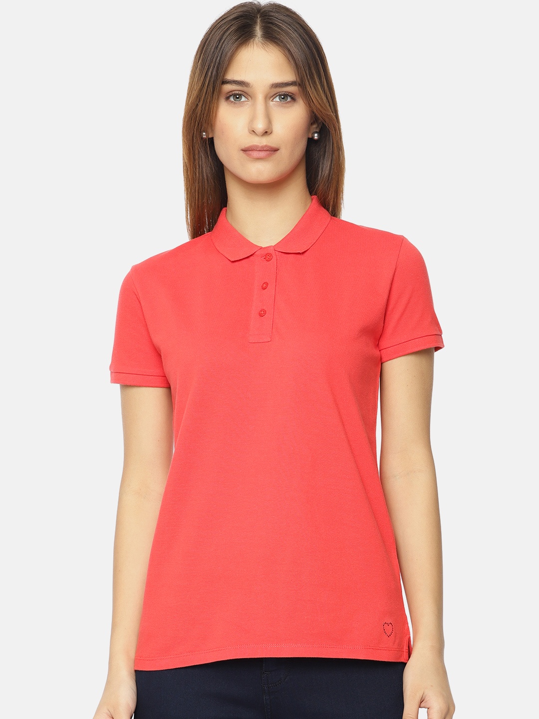 

Pepe Jeans Women Coral Pink Solid Polo Collar Pure Cotton T-shirt