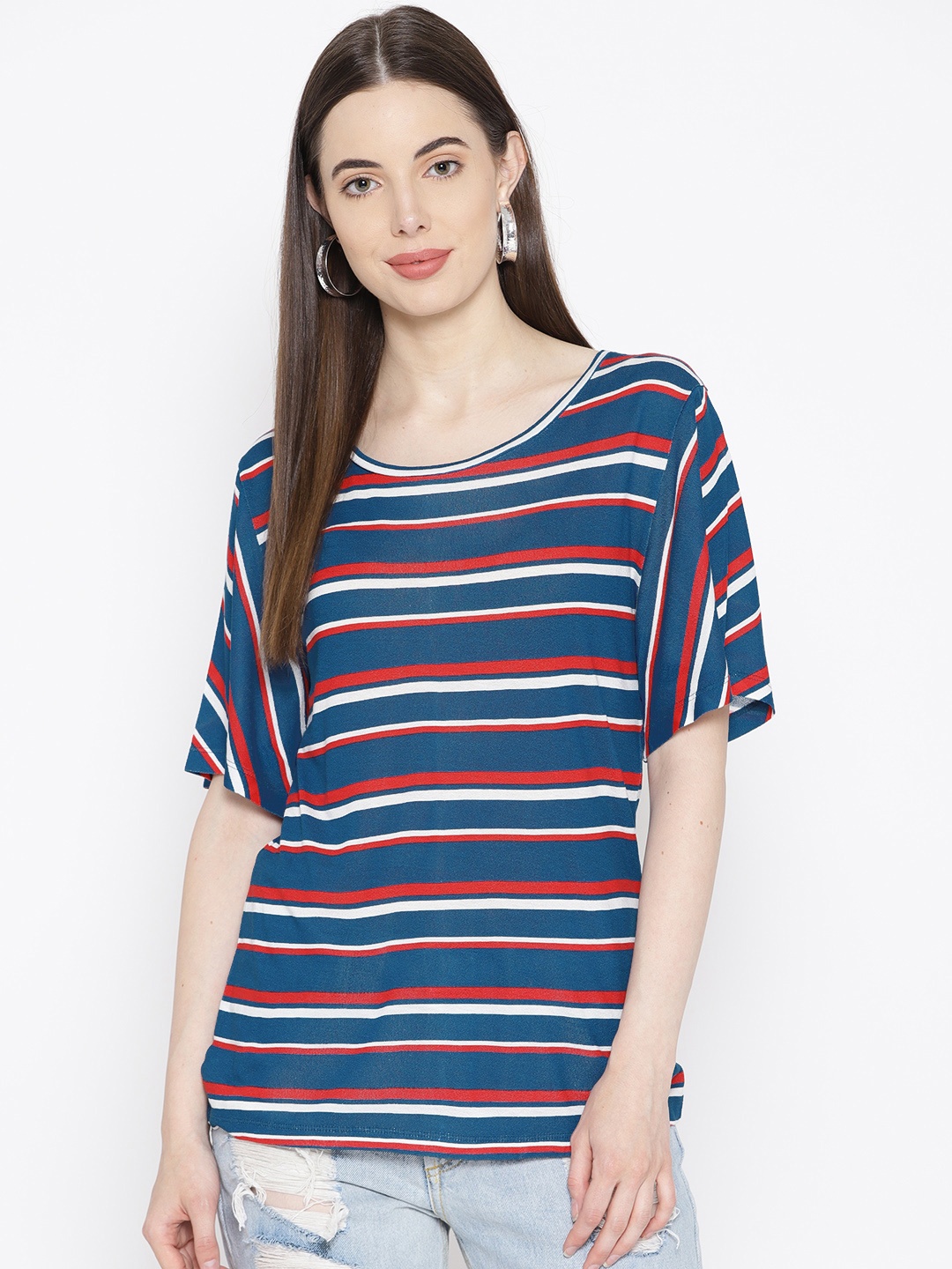 

Pepe Jeans Women Navy Blue & Red Striped Round Neck T-shirt
