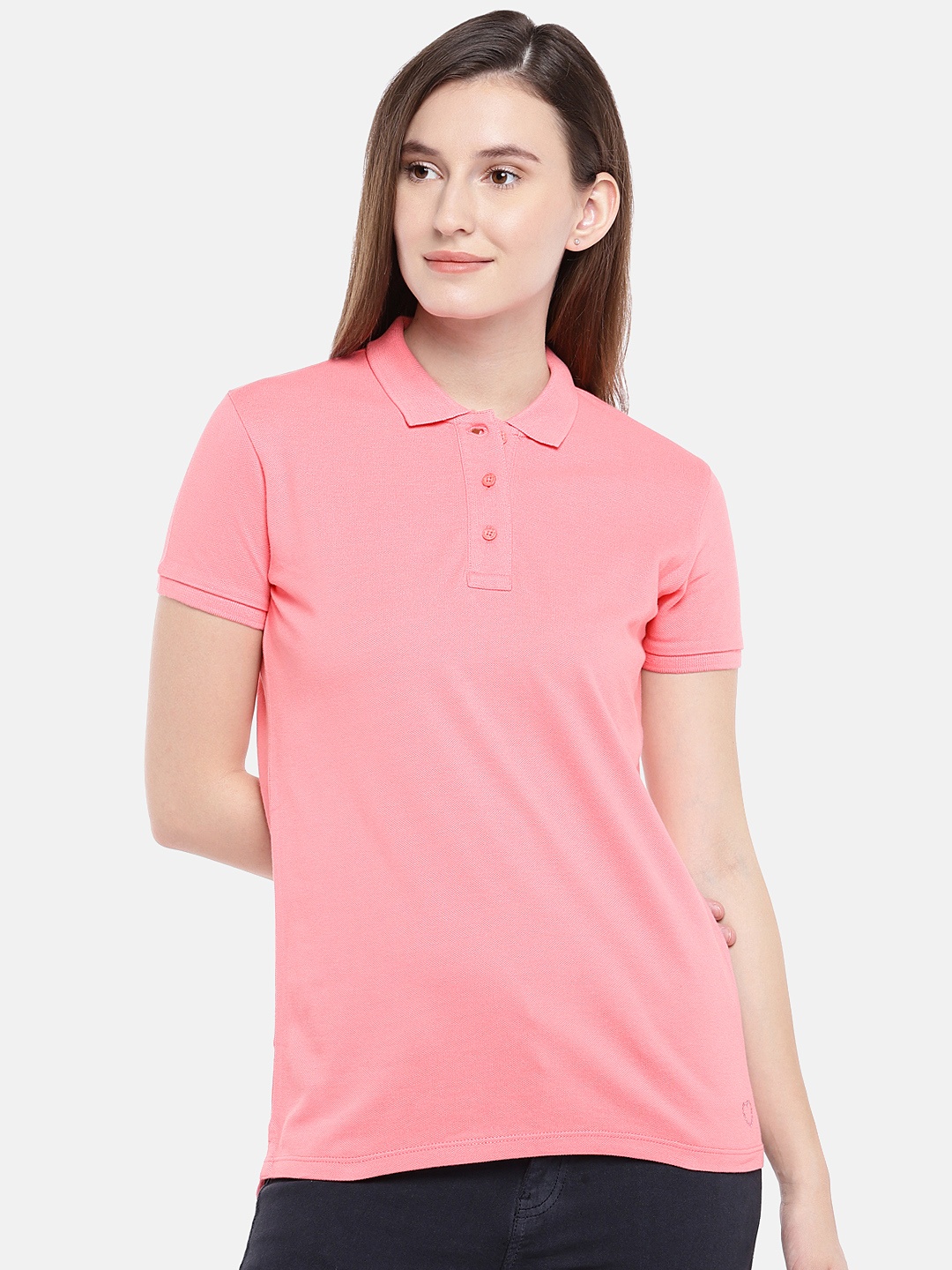 

Pepe Jeans Women Pink Solid Polo Collar Pure Cotton T-shirt