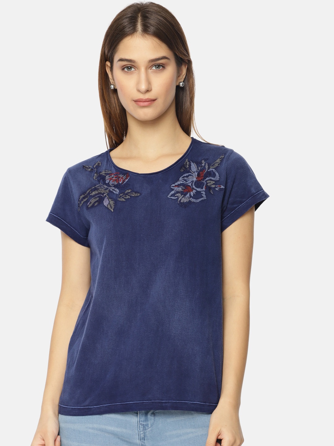 

Pepe Jeans Women Navy Blue Embroidered Round Neck Pure Cotton T-shirt