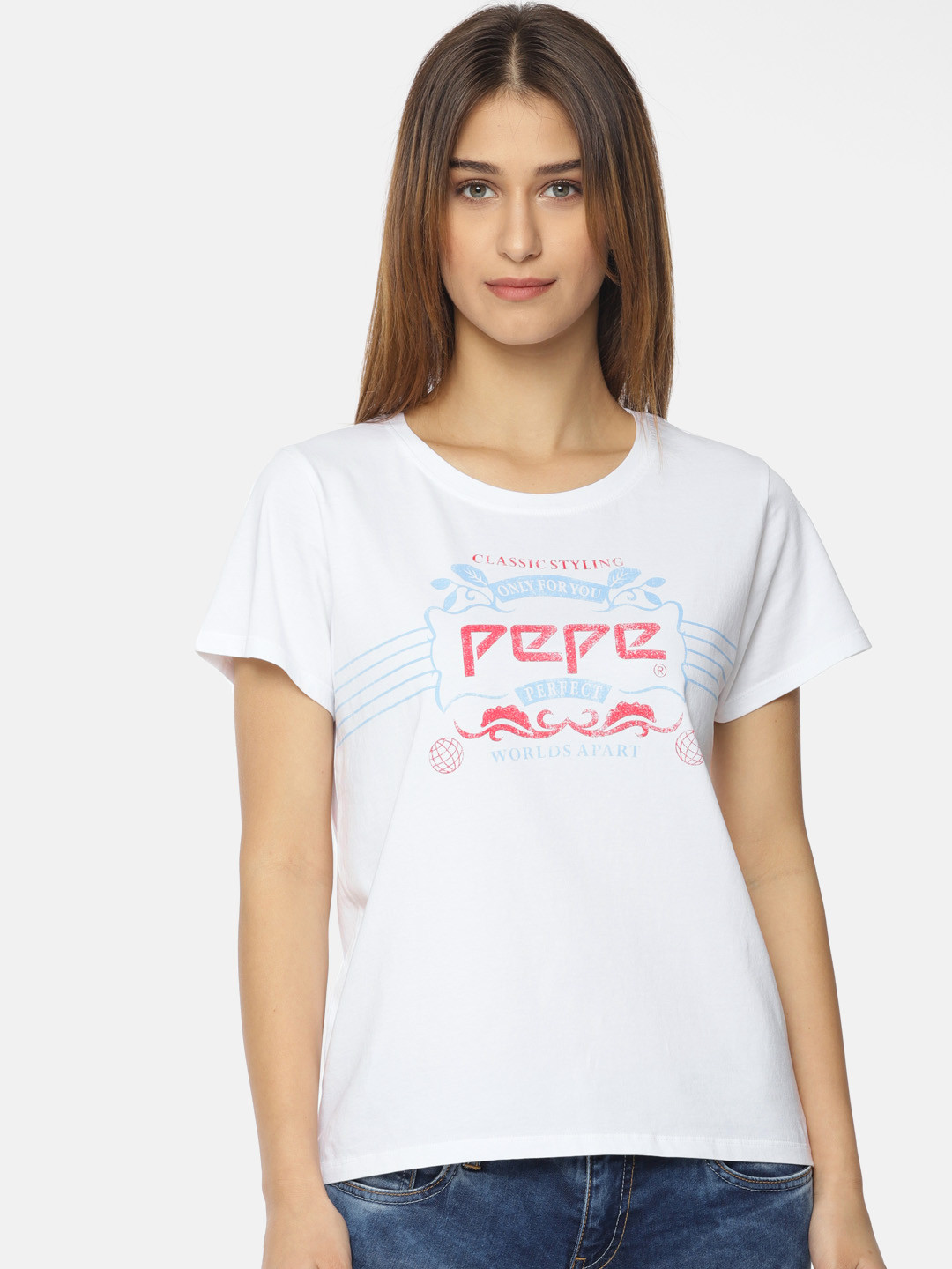 

Pepe Jeans Women White Printed Round Neck Pure Cotton T-shirt