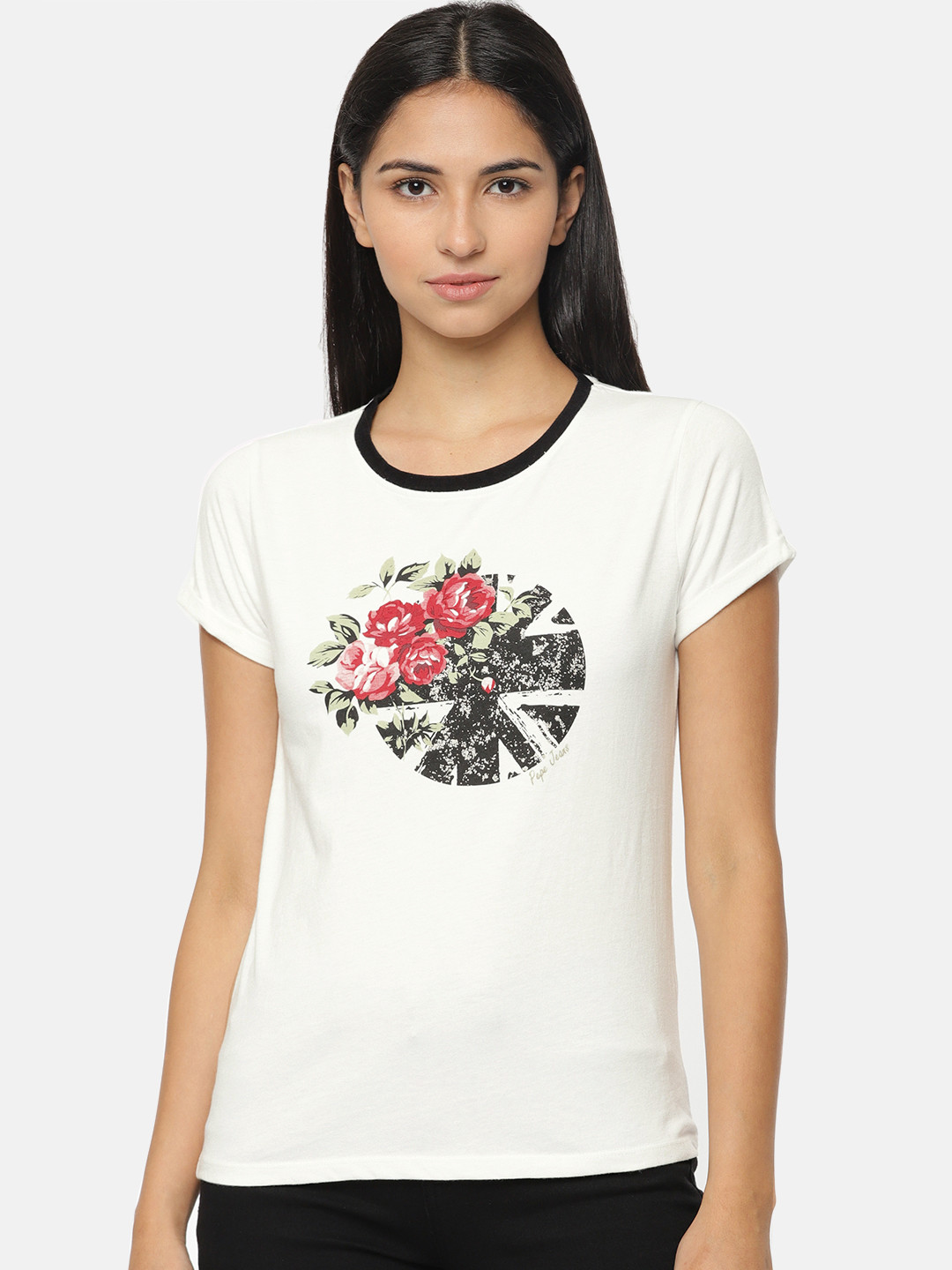 

Pepe Jeans Women White Printed Round Neck T-shirt
