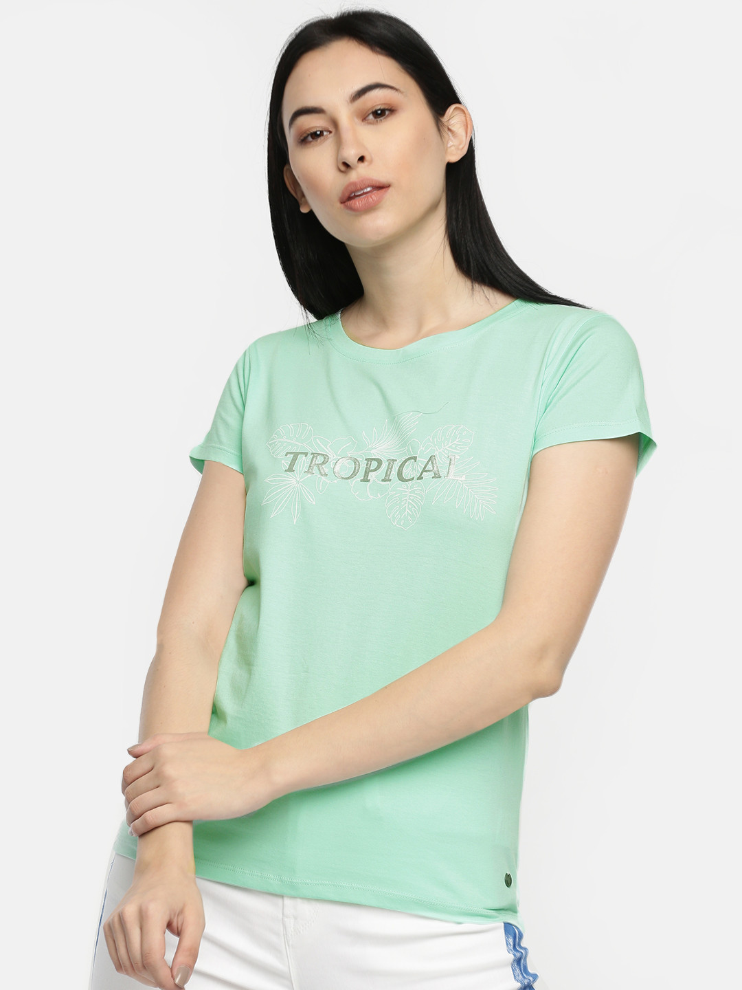 

Pepe Jeans Women Sea Green Printed Round Neck Pure Cotton T-shirt