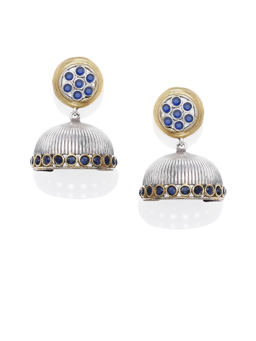 

Peora Silver-Toned & Blue Oxidised Dome Shaped Jhumkas
