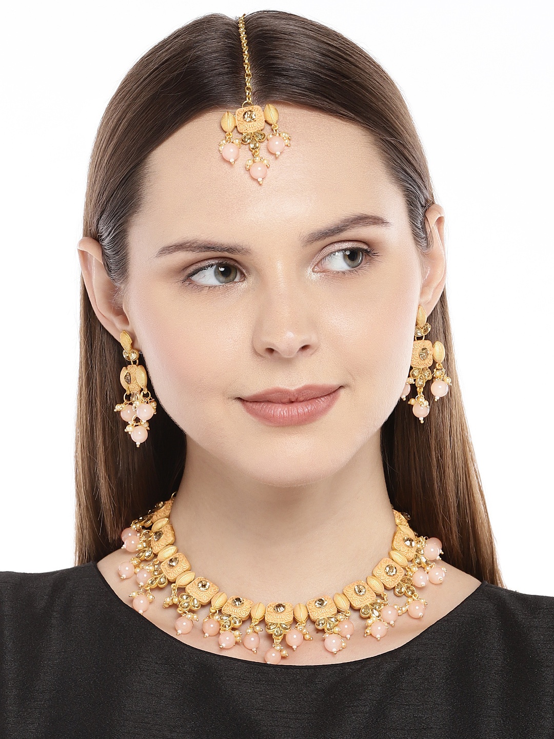 

Peora Gold-Plated & Pink Antique Traditional Necklace Set with Earrings & Maang Tika