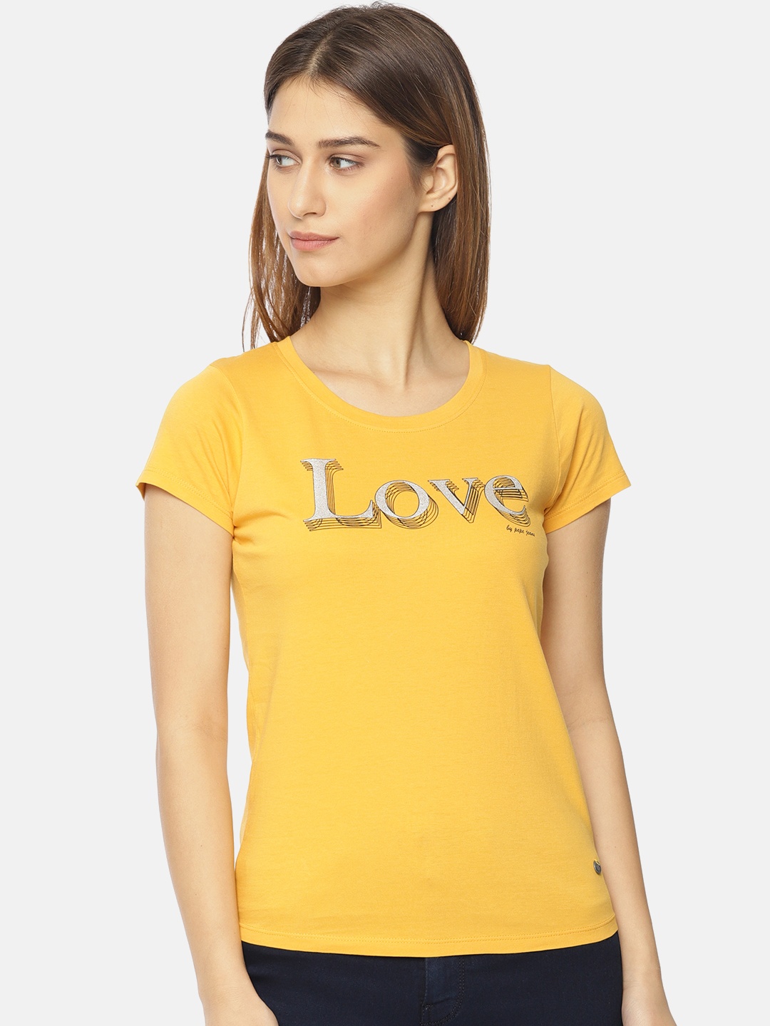 

Pepe Jeans Women Yellow Printed Round Neck Pure Cotton T-shirt