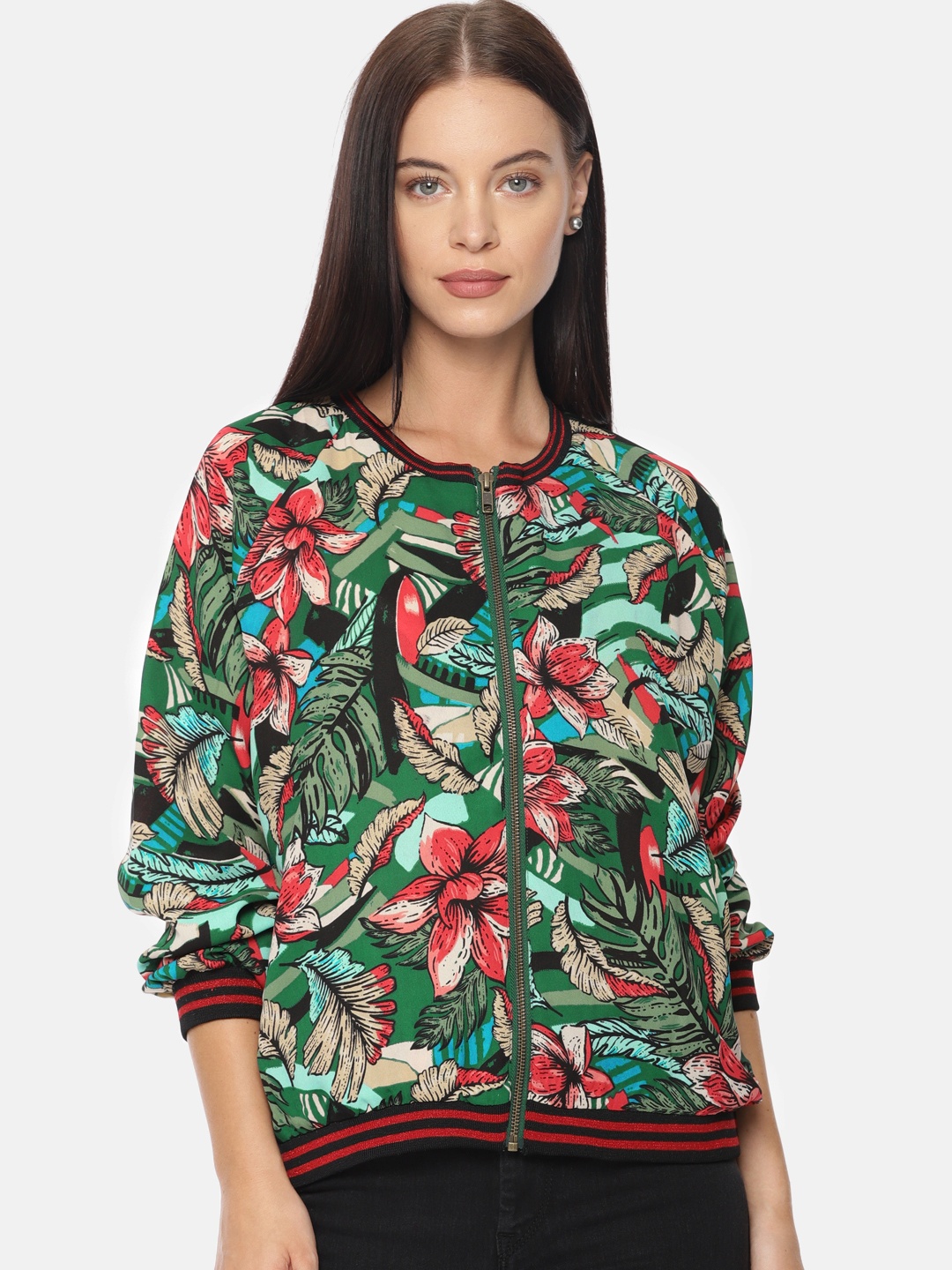

Pepe Jeans Women Green & Red Printed Lightweight Bomber