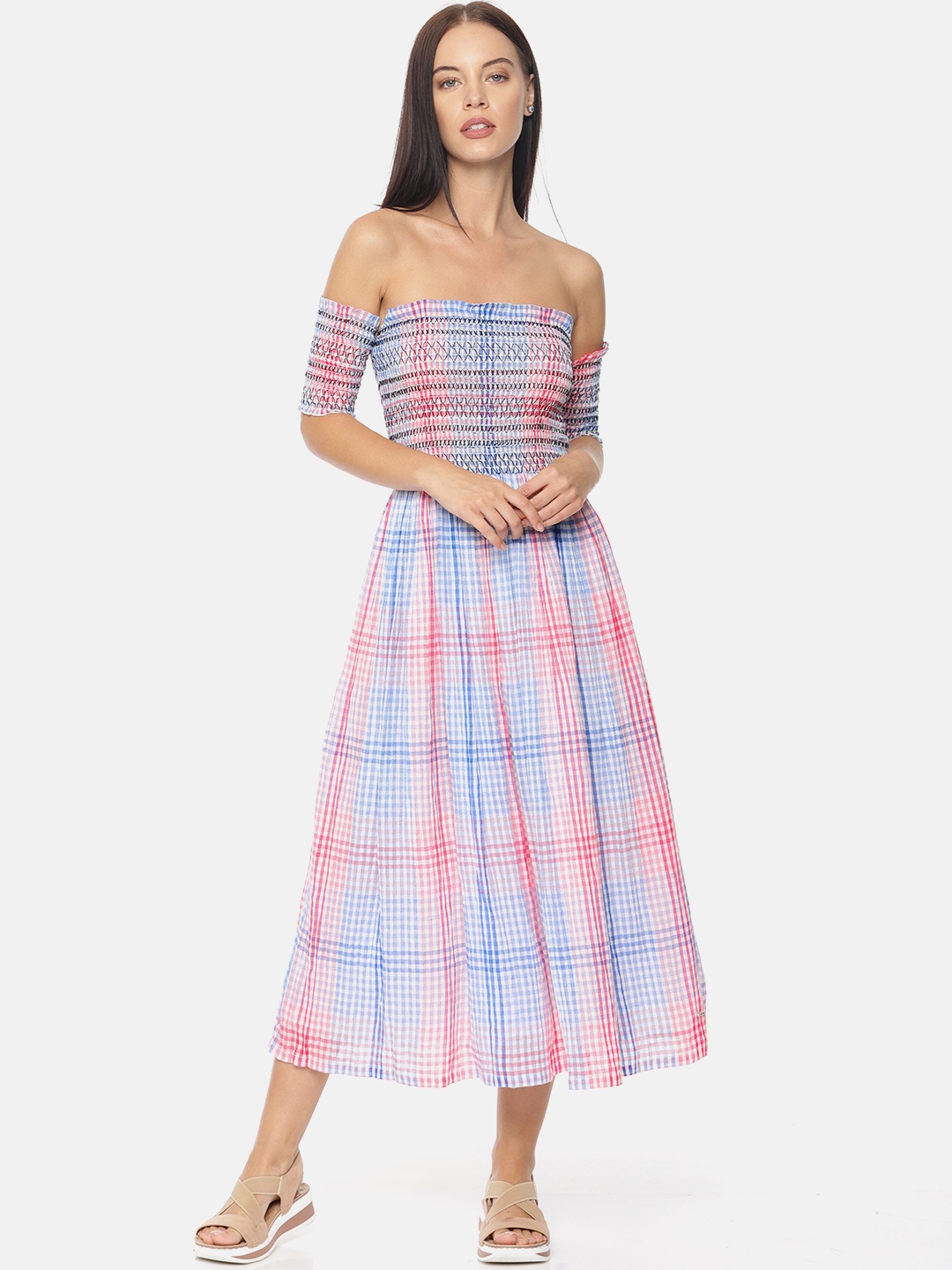 

Pepe Jeans Women Blue & Pink Checked Fit & Flare Dress