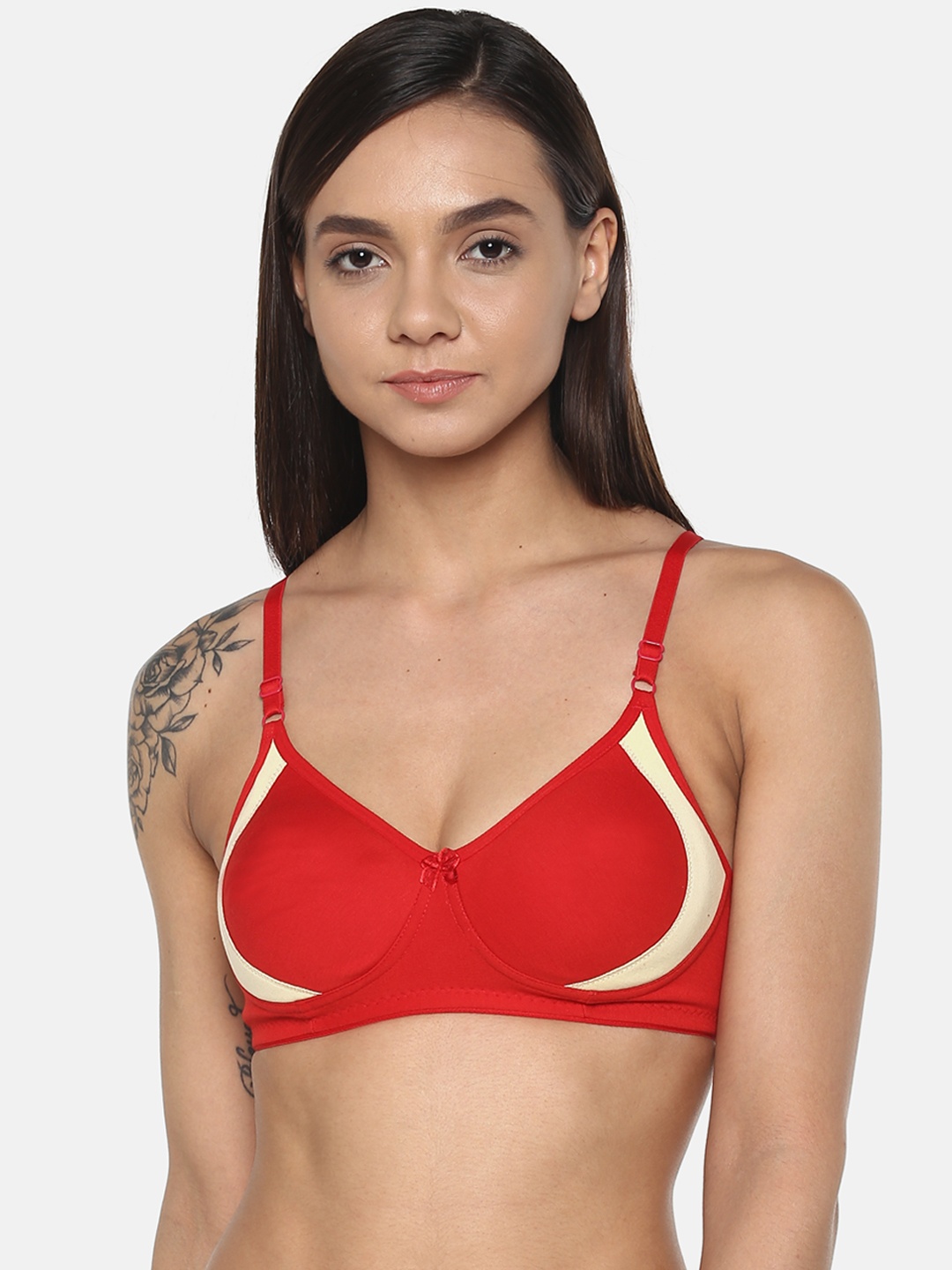 

Leading Lady Red & White Colourblocked Non-Wired Non Padded T-shirt Bra