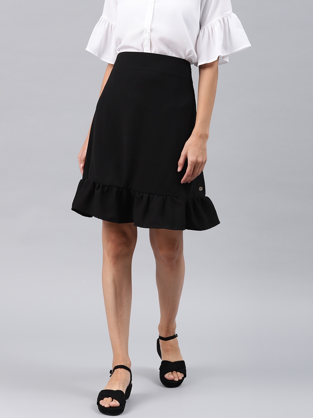

French Connection Women Black Solid A-Line Ruffle Skirt