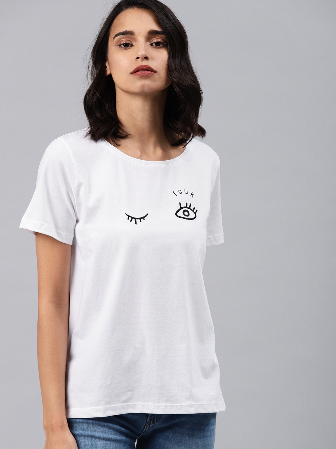 

French Connection Women White Embroidered Round Neck Pure Cotton T-shirt