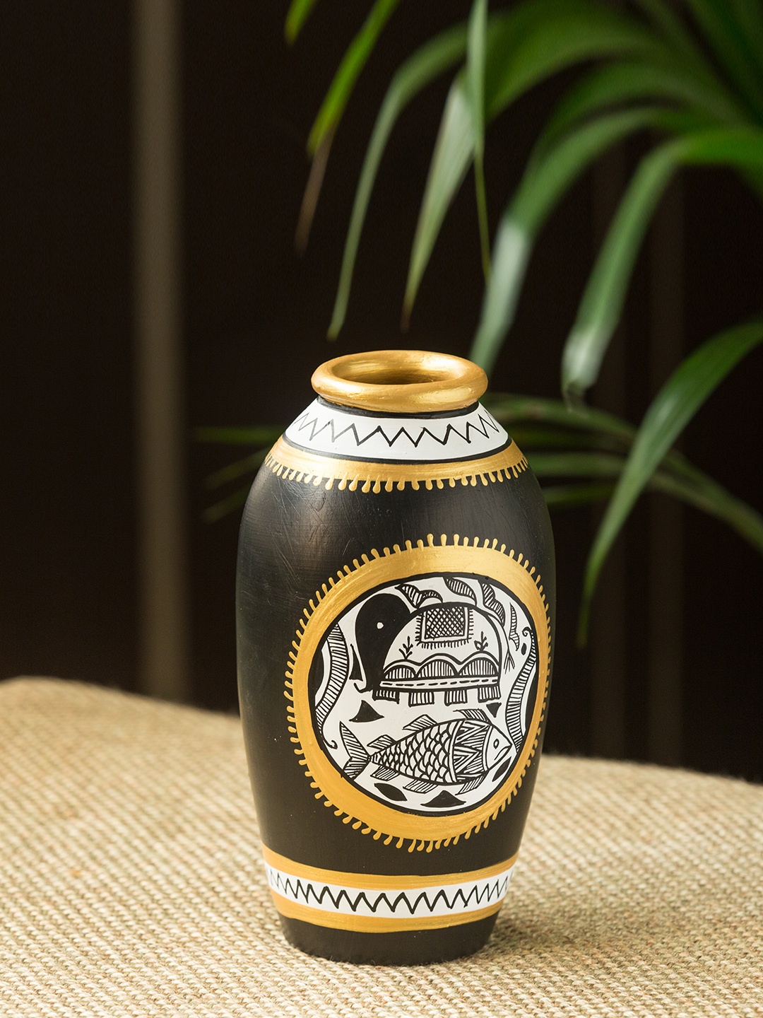 

ExclusiveLane Black Gold-Toned Madhubani Hand-Painted Teracotta Vase