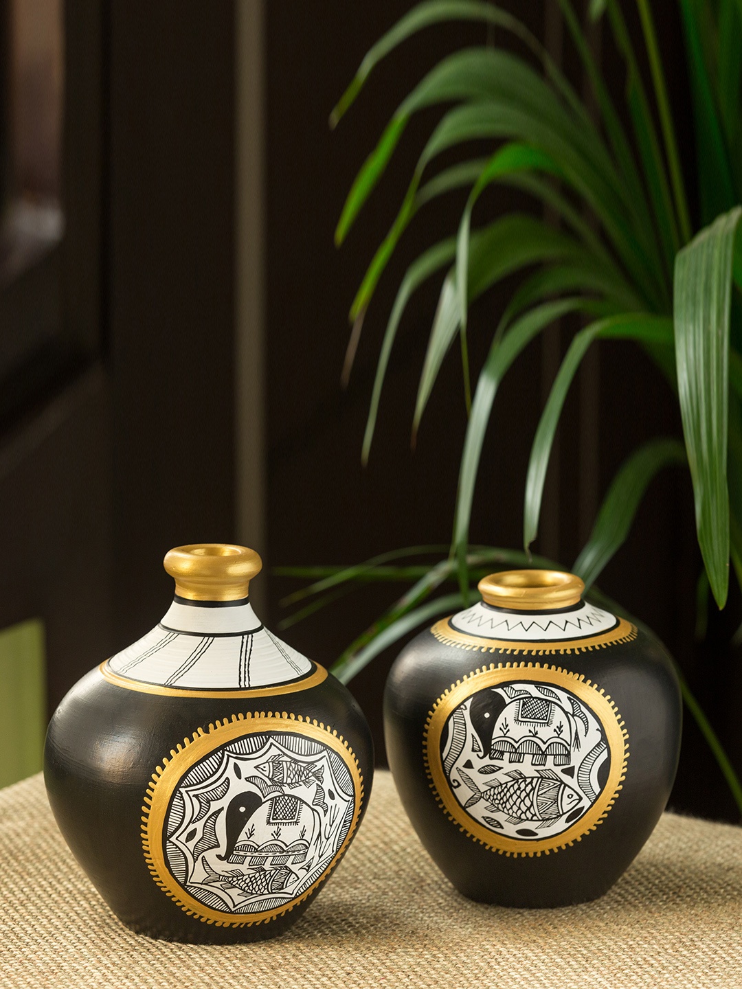 

ExclusiveLane Set of 2 Madhubani Hand-Painted Terracotta Flower Vases, Black