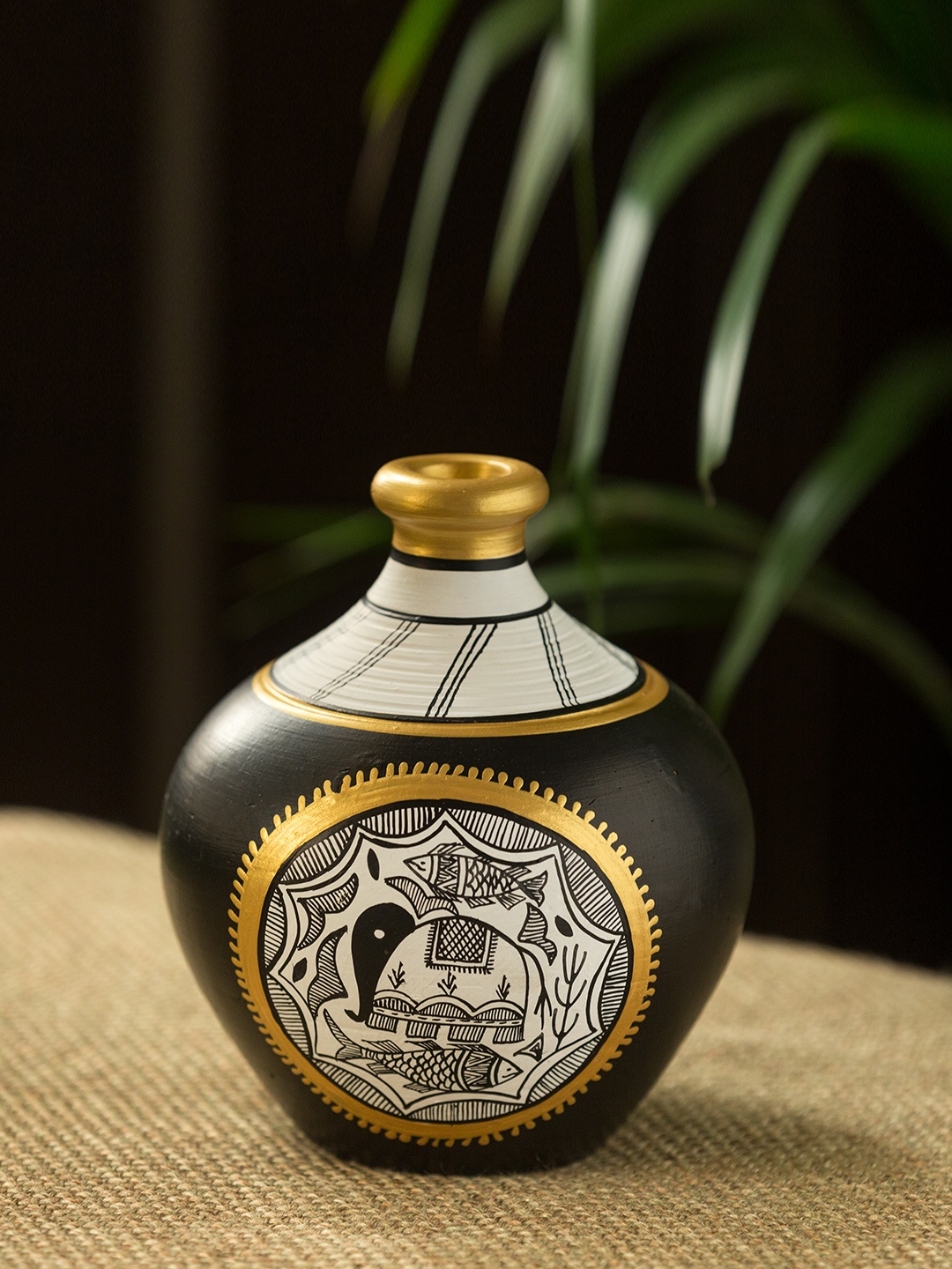 

ExclusiveLane Black & Gold-Toned Madhubani Terracotta Flower Vase