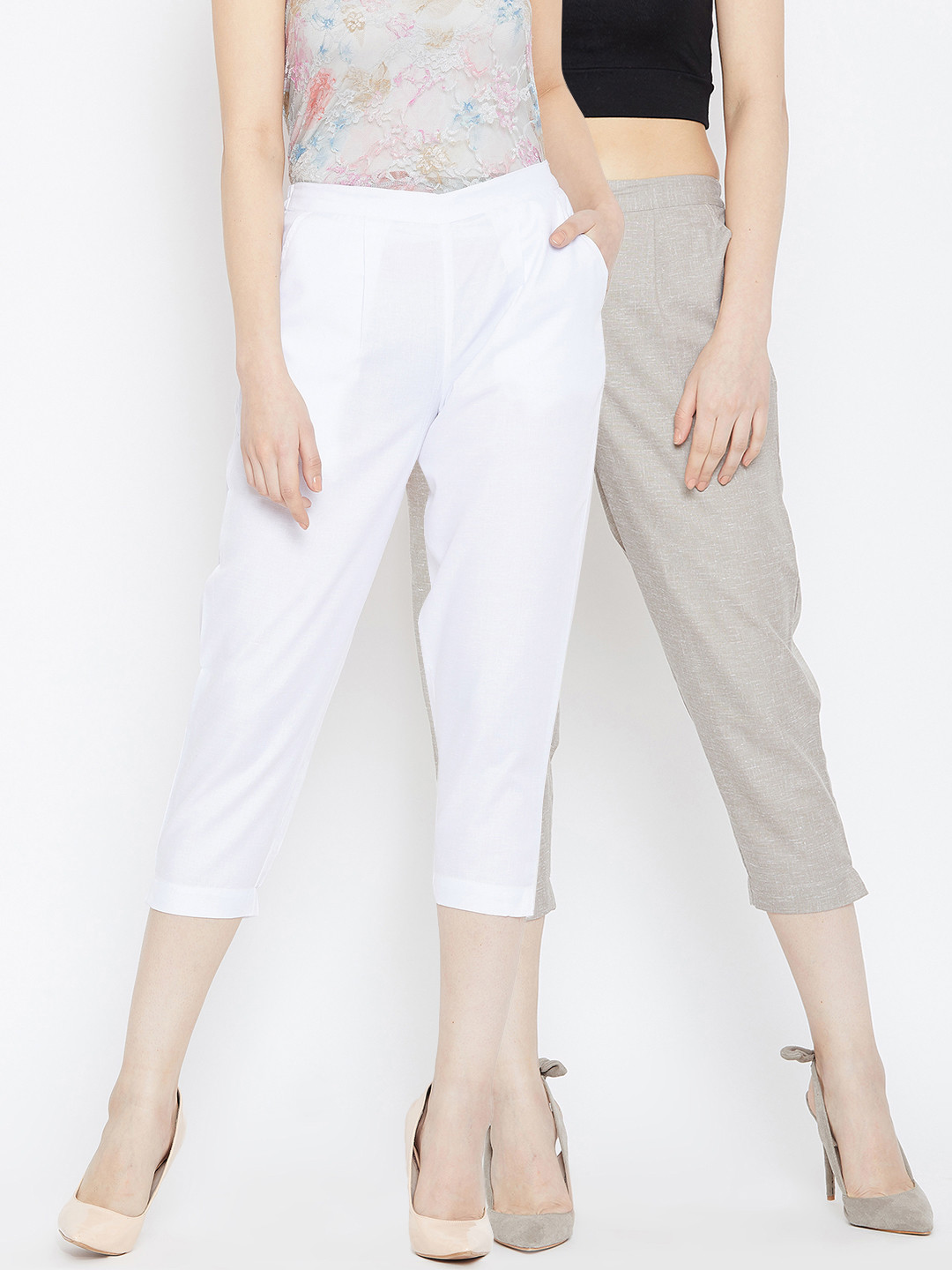 

Bitterlime Women Pack of 2 White Solid Regular Fit Capris
