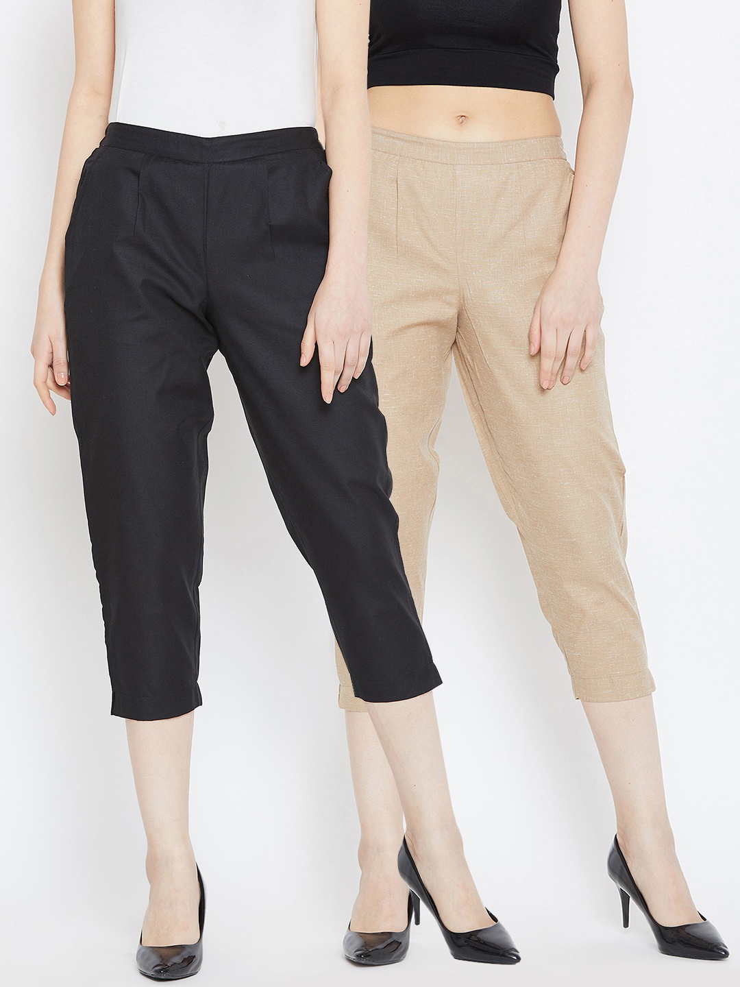 

Bitterlime Women Pack of 2 Solid Regular Fit Capris, Black