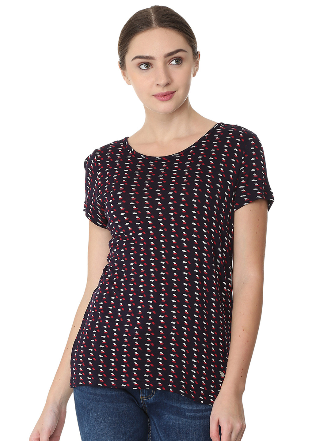 

Allen Solly Woman Navy Blue Printed Round Neck T-shirt