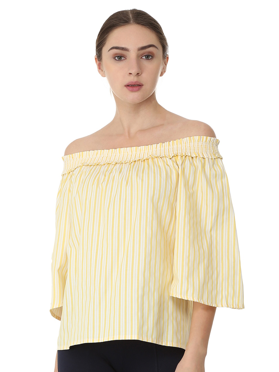 

Allen Solly Woman Yellow Striped Bardot Pure Cotton Top