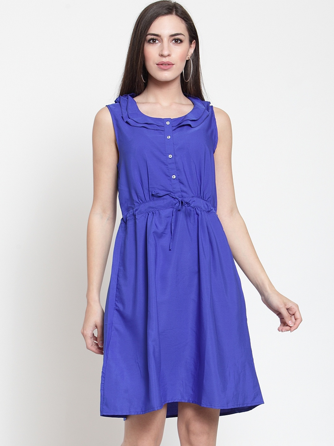 

Purple State Women Blue Solid Fit and Flare Dress