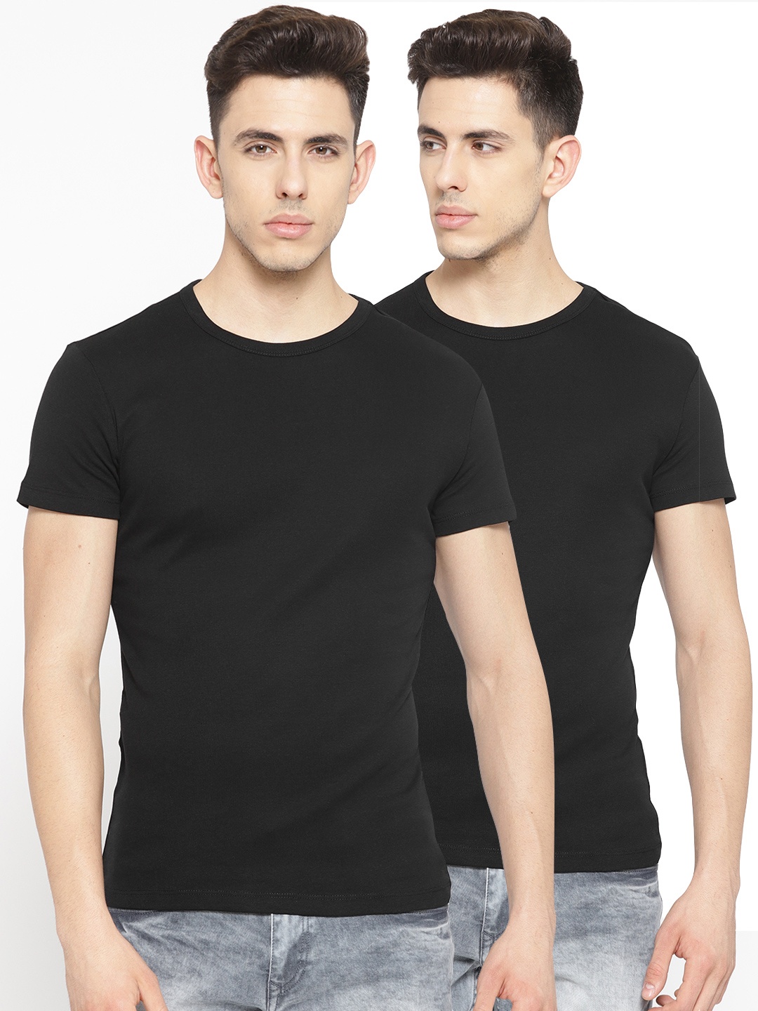 

OVS Men Pack of 2 Black Solid Round Neck T-shirts