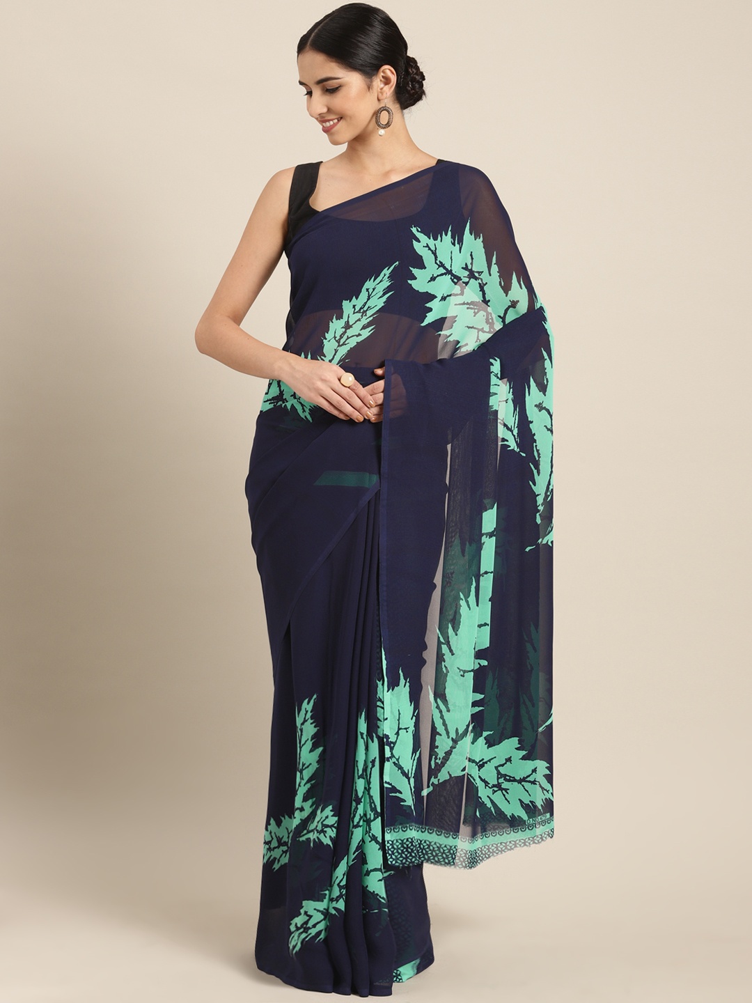 

Satrani Navy & Green Printed Saree, Navy blue