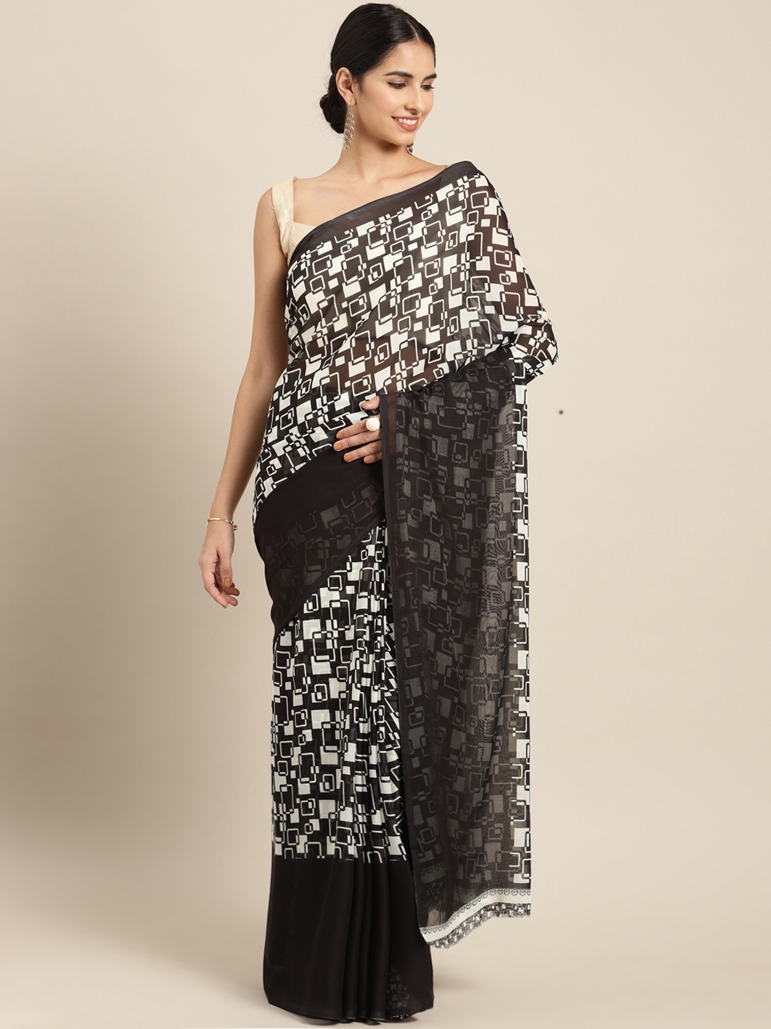 

Satrani White & Black Poly Georgette Printed Saree