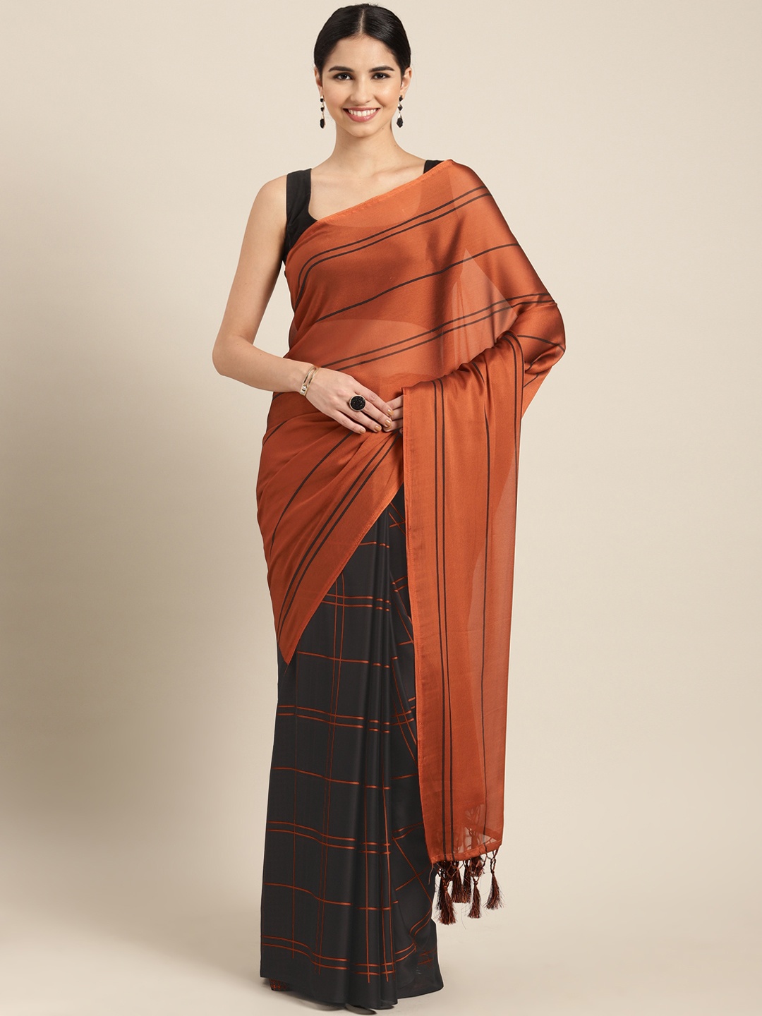 

Satrani Rust & Black Poly Chiffon Checked Saree