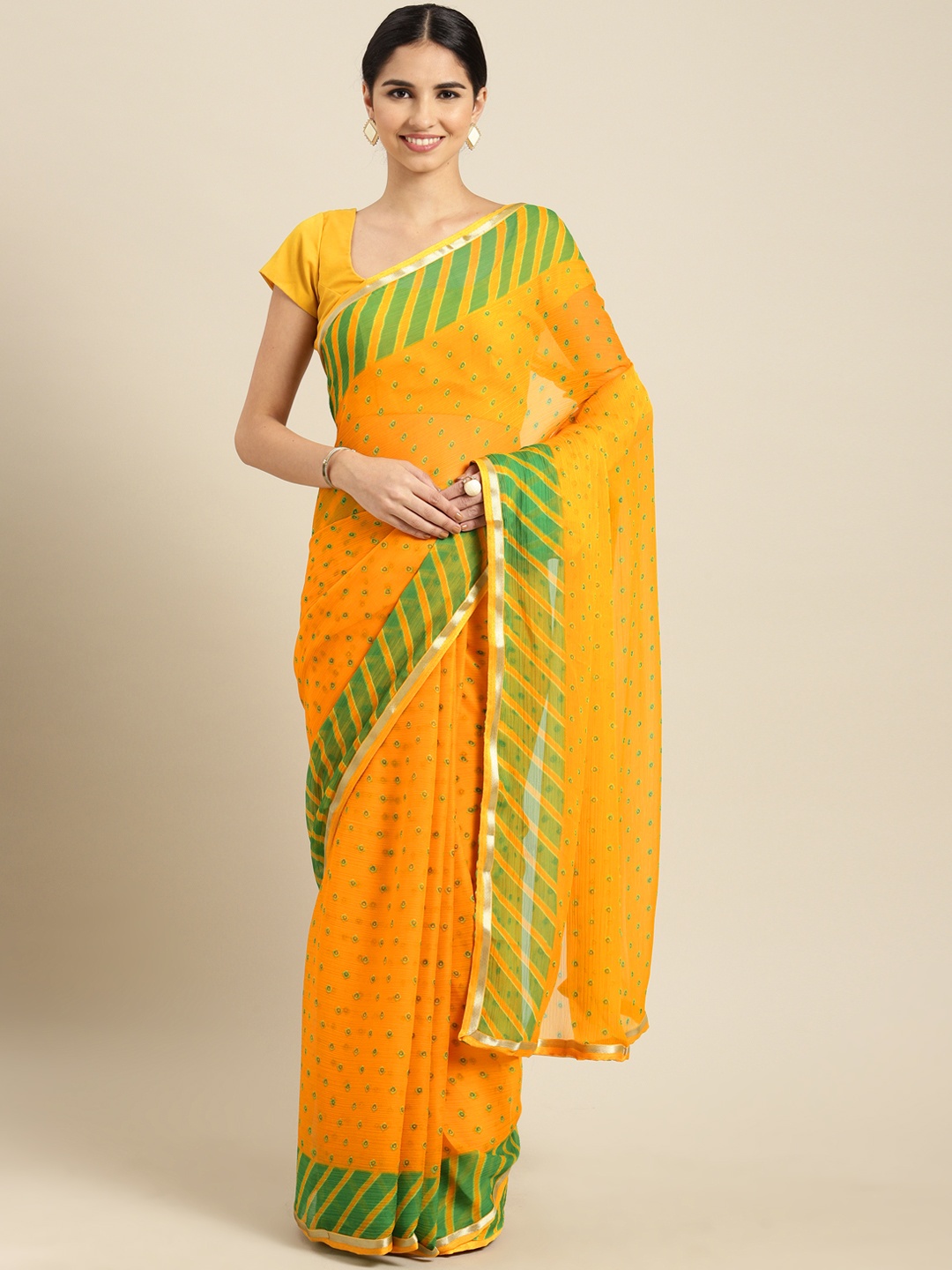 

Satrani Yellow & Green Pure Chiffon Printed Bandhani Saree